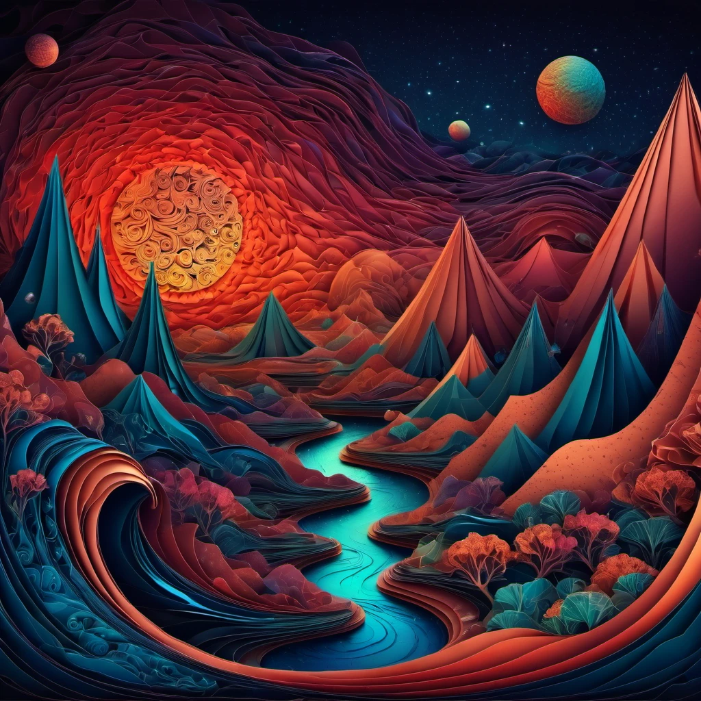 (best quality, highres, ultra sharp), magical alien landscape, mars, about the curvature of space time, round mountains, zentangle lines, art decostyle , full colored, 3d crunch, dark tones,
