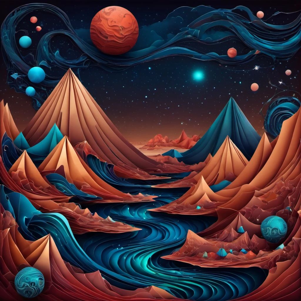 (best quality, highres, ultra sharp), magical alien landscape, mars, about the curvature of space time, origami sea, zentangle lines, art decostyle , full colored, 3d crunch, dark tones,