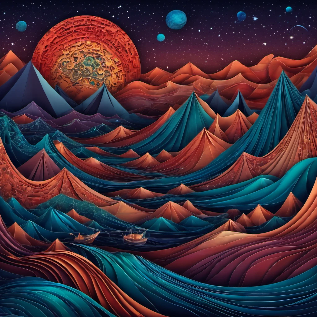 (best quality, highres, ultra sharp), magical alien landscape, mars, about the curvature of space time, origami sea, zentangle lines, art decostyle , full colored, 3d crunch, dark tones,