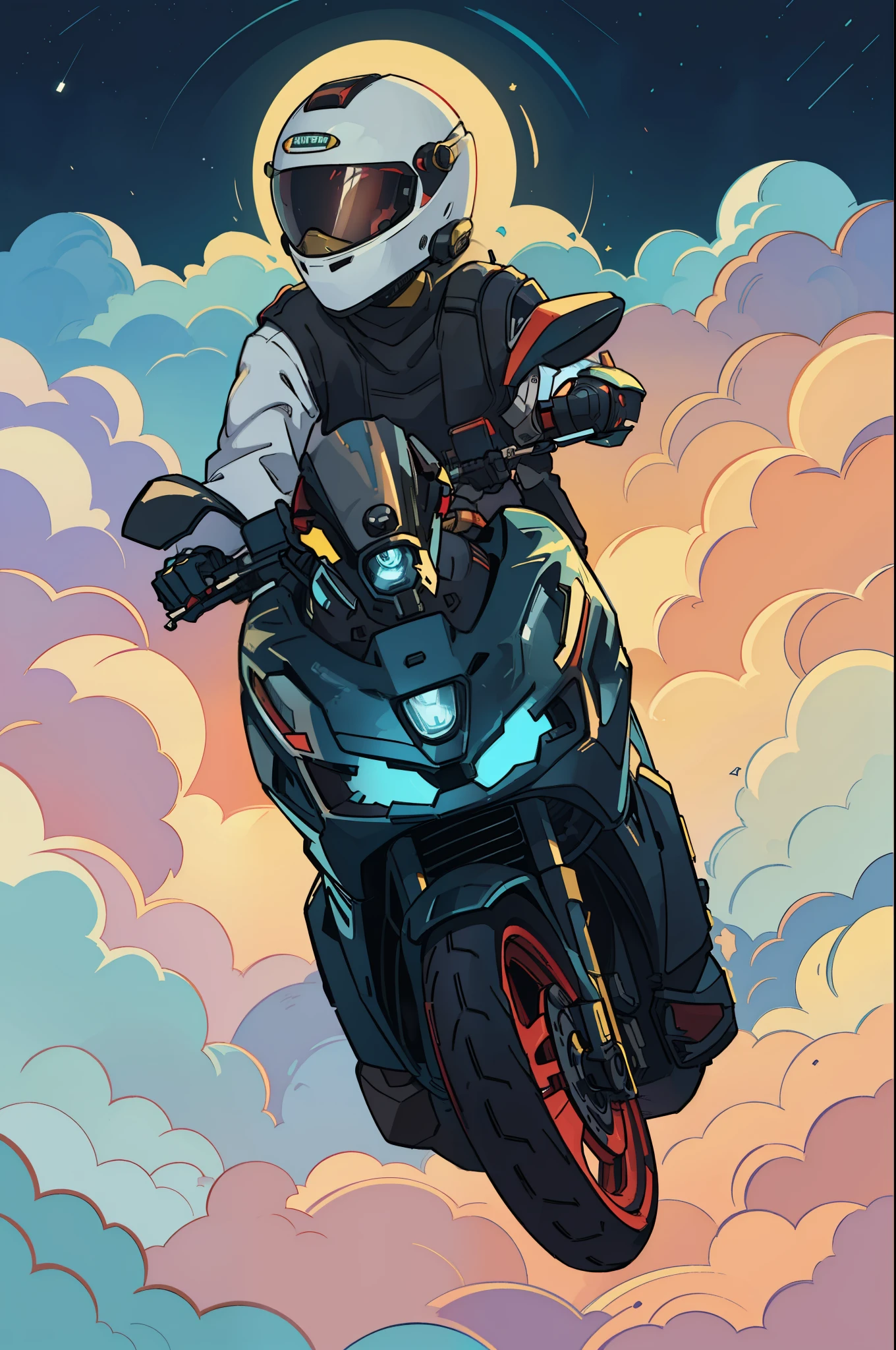 Man, the motorcycle,Card templates,crayfish,Works by Victor,kilian eng vibrant colours,Dynamic lighting,number art,Award-winning masterpieces,Incrediblely beautiful,illustration,The aesthetic is inspired by Beksiński and Dammenford,trending on artstationh,art of greg rutkowsk,motor warna kuning, lampu menyala putih,kaca helmet hitam, 8kK。