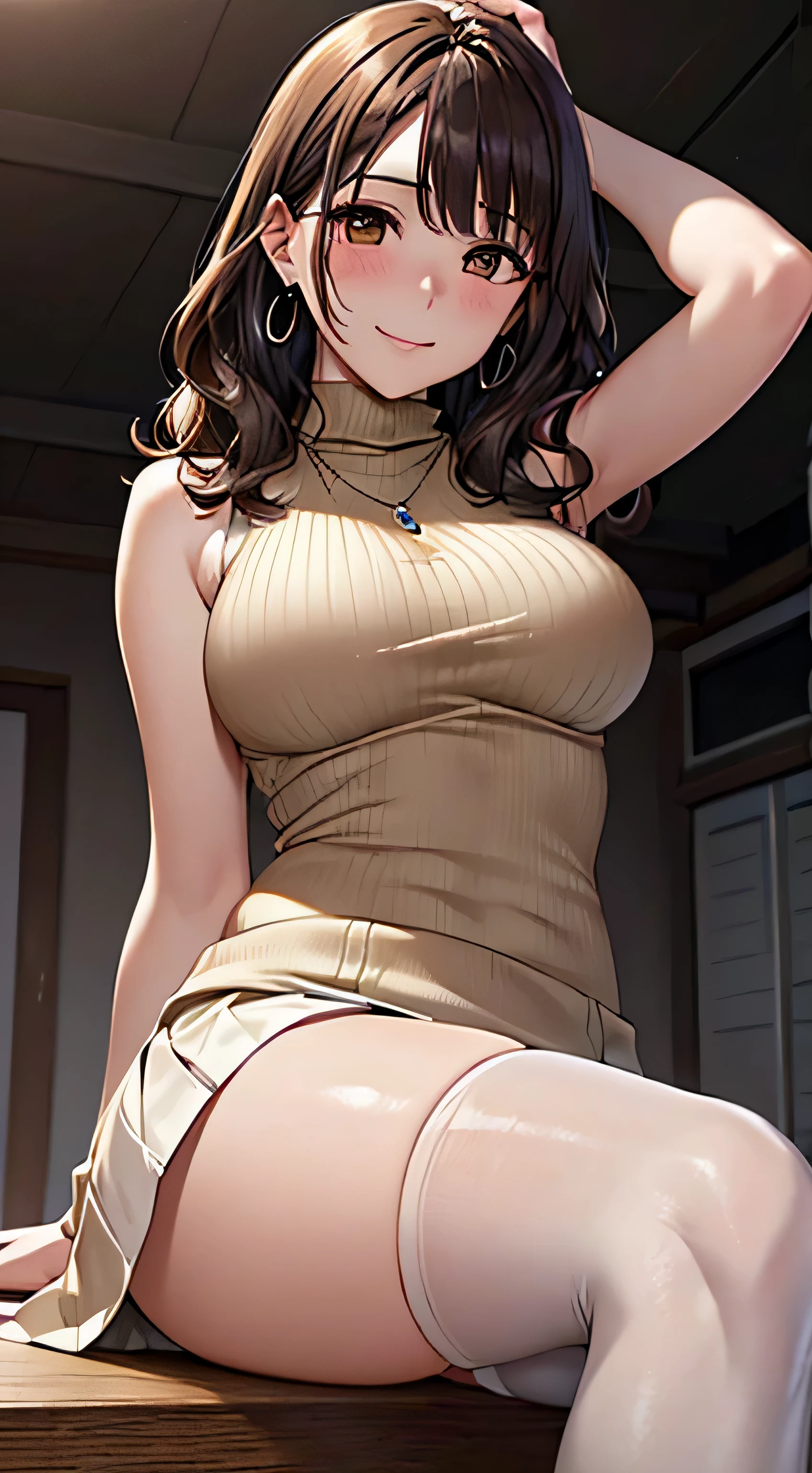 (table top, highest quality, High resolution, , perfect pixel, 4k,), 1 girl, single, alone, Beautiful woman、I could see the whole body、 ((wavy middle hair, bangs, brown hair)), ((brown eyes, beautiful eyelashes, realistic eyes)), ((detailed face, blush:1.2)), ((smooth texture:0.75, realistic texture:0.65, realistic:1.1, Anime CG style)), medium breasts, dynamic angle, perfect body, ((, female teacher, , earrings、necklace、Beige sleeveless turtleneck sweater、Tight Skirt、black knee high stockings、、shy smile、show white lace panties、)), upper grade、、、evening、、Bring your arms together to emphasize your chest、hold the necklace between your chest、(、()、angle from below)、