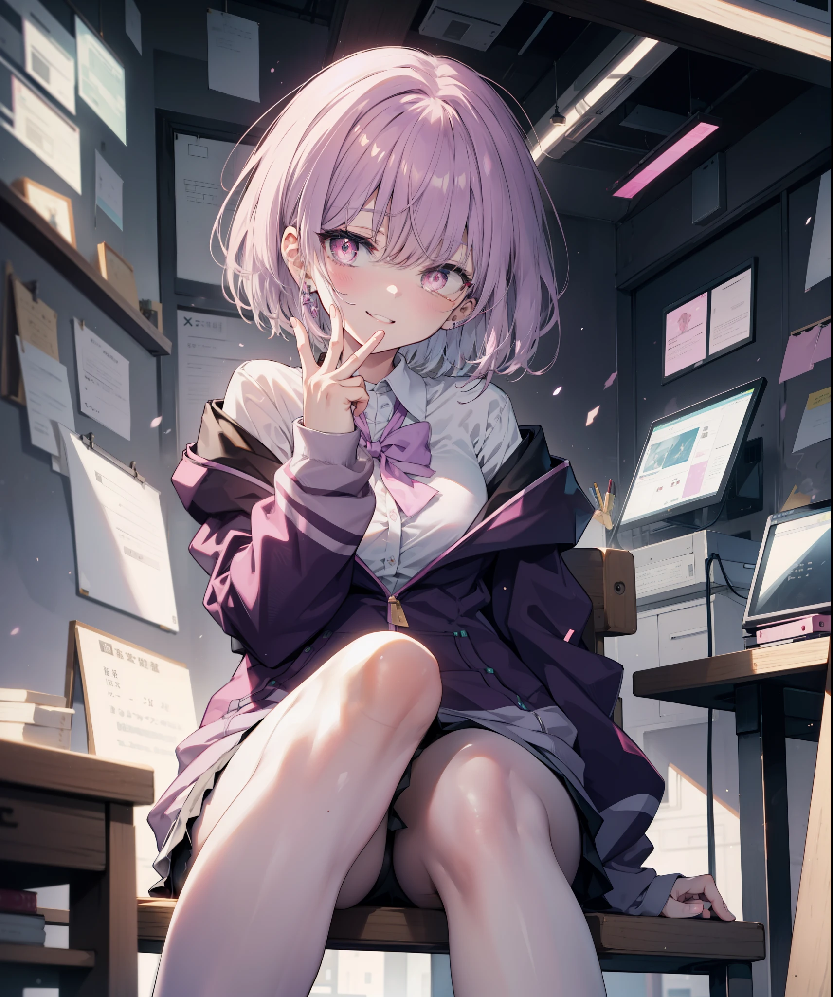 akaneshinjou, shinjou akane, light purple hair, (pink eyes:1.2), short hair,Akabu glasses,put your hand over your mouth,Peace sign at the mouth,happy smile, smile, open your mouth,sitting cross-legged on a chair,break black pantyhose, bow, collared shirt, hood, hooded Jacket, Jacket, open clothes, open Jacket, open shirt, pantyhose, purple bow, purple Jacket, , shirt, sleeves go over wrists, unbuttoned shirt, white shirt,brown loafers,
break indoors, classroom,
break looking at viewer, break (masterpiece:1.2), highest quality, High resolution, unity 8k wallpaper, (figure:0.8), (detailed and beautiful eyes:1.6), highly detailed face, perfect lighting, Very detailed CG, (perfect hands, perfect anatomy),