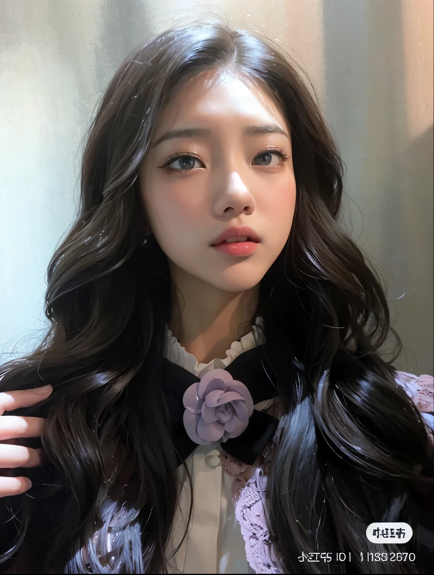 Un primer plano de una mujer con el pelo largo y pelinegro, Wonyoung de IVE, Retrato de Wonyoung de IVE, Wonyoung de IVE, Jang Wonyoung de IVE, maquillaje popular de Corea del Sur, Wonyoung de IVE, Retrato Wonyoung IVE, Tono de piel rosa pastel, Wonyoung de IVE, maquillaje coreano popular