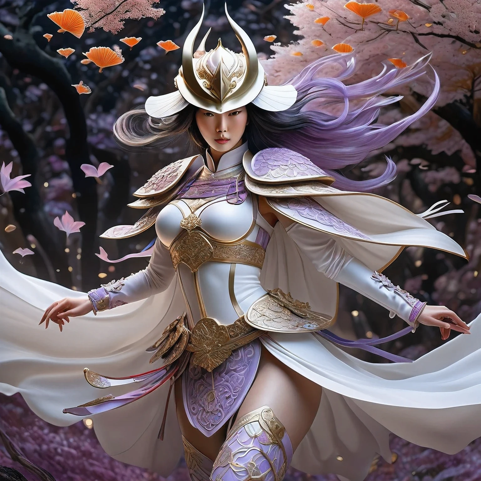 (best quality,4k,8k,highres,masterpiece:1.2),ultra-detailed,(realistic,photorealistic,photo-realistic:1.37), HDR,UHD,studio lighting,ultra-fine painting,sharp focus,physically-based rendering,extreme detail, onmyoji detailed art, 1woman, 30 years old, cyborg samurai, (dynamic pose:1.6), (show entire body),wide angle, Dynamic angle and composition,chinese three kingdoms, (from sengoku period), (She is wearing an ancient samurai light armor breastplate made of white marble:1.6), (cyber japan samurai armor), (fractal designs), clothed in old samurai uniform, (wearing kimono armor), (wearing a fish-shaped white acrylic helmet:1.37), highly detailed clothes, (her clothes have zentangle details adorned with beautiful gems:1.37), (She is wearing a leaf-shaped cape made of transparent cloth:1.4), Transparent petal-like cloth hangs from the woman's waist, pale purple hues, fantasy art, sci-fi, (concept art inspired by Kanō Hōgai), (Jean Giraud style), moebius, psychedelic, (Incredibly beautiful nature background with fungi:1.6), ethereal lighting, vibrant colors, intricate details, (surreal landscape), otherworldly creatures, mesmerizing pattern,cyber helmet, intricate helmet design, cosmic ambiance, dreamlike atmosphere, (mythical creatures), surrealistic composition, organic shapes, full body wuxia, from sengoku period