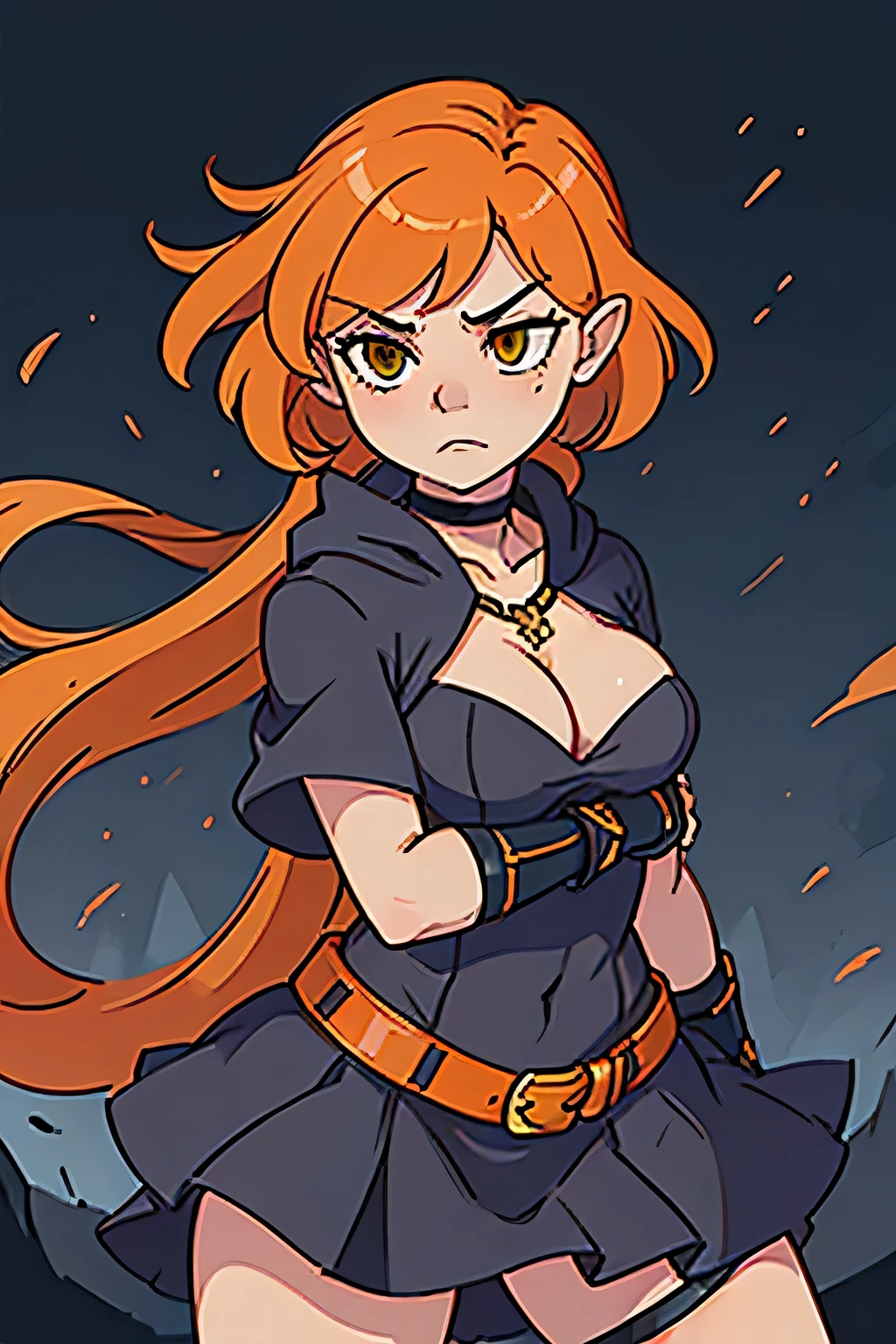 (((masterpiece))), (((best quality))), illustration, single character, game character, rpg character, female character, female necromancer, dark blue dress with golden details, leather bracers. huge cleavage, gemmed necklace. side butt. wide hips. up turned hips. Side hips exposed. wavy short hair. orange short hair, slightly pointy ears, yellowgreen eyes, evil face. attittude woman. open hooded black cloak. orange hair. combat. spell casting. dark background, flat color background, anime character, 8k, awesome quality