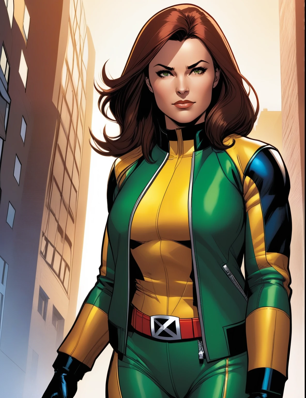 1 chica, (X-men), (Comics Marvel), pelo de dos tonos, rojo cabello, pelo blanco, Pelo RIZADO, dyed bangs, traje de cuerpo amarillo y verde, guantes amarillos, brown bomber jacket, arte de Ed Benes y Joe Matureira, Volador, al aire libre, cuerpo completo, cinematic lighting, cinematic angle, obra maestra, Mejor calidad, con garras de Wolverine, marvel, comics 