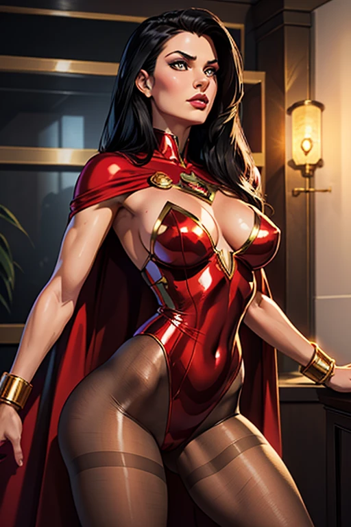 (best quality,8k:1.2,high resolution:1.2),ultra-detalhado,Realistic,SUPER HERO female,21 YEARS OLD,long BLACK hair,rosto extremamente detalhados,long eyelashes,all sheer RED LATEX leotard Apertado WITH A LARGE EMBLEM IN THE SHAPE OF THE LETTER "A", RED FLYING CAPE,TRANSPARENT LIGHT beige SHINY pantyhose,GOLD metalic BRACELETS,Physically-based rendering,sharp focus,studio lighting