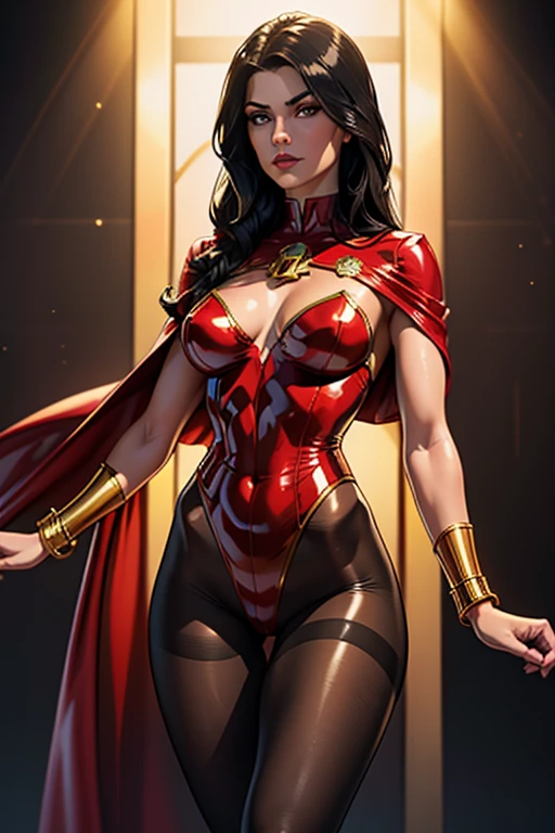 (best quality,8k:1.2,high resolution:1.2),ultra-detalhado,Realistic,SUPER HERO female,21 YEARS OLD,long BLACK hair,rosto extremamente detalhados,long eyelashes,all sheer RED LATEX leotard Apertado, A LARGE EMBLEM IN THE SHAPE OF THE LETTER "A" EMBROIDERED ON THE EMBRASE, RED FLYING CAPE,TRANSPARENT LIGHT BROWN SHINY pantyhose,Glossy GOLD metalic BRACELETES,Physically-based rendering,sharp focus,studio lighting
Consumo e