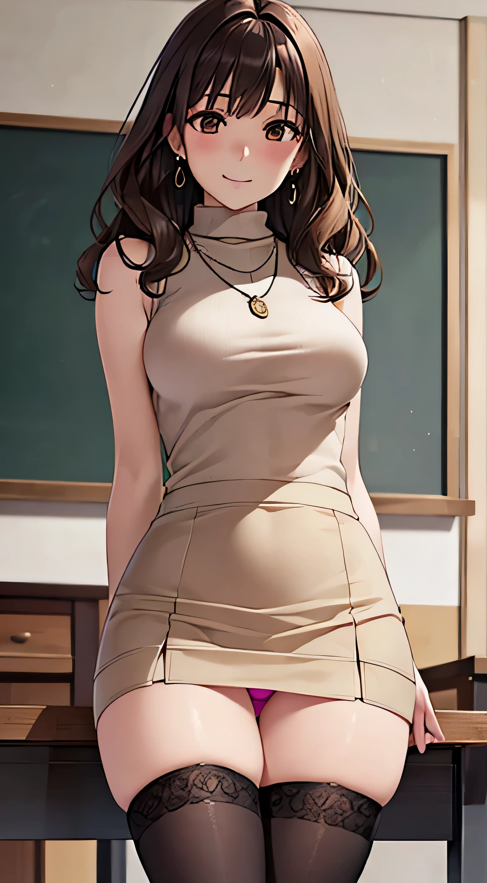 (table top, highest quality, High resolution, , perfect pixel, 4k,), 1 girl, single, alone, Beautiful woman、I could see the whole body、 ((wavy middle hair, bangs, brown hair)), ((brown eyes, beautiful eyelashes, realistic eyes)), ((detailed face, blush:1.2)), ((smooth texture:0.75, realistic texture:0.65, realistic:1.1, Anime CG style)), medium breasts, dynamic angle, perfect body, ((, female teacher, , earrings、necklace、Beige sleeveless turtleneck sweater、Tight Skirt、black knee high stockings、、shy smile、showing pink lace panties、)), upper grade、、、evening、、Bring your arms together to emphasize your chest、hold the necklace between your chest、(、()、angle from below)、