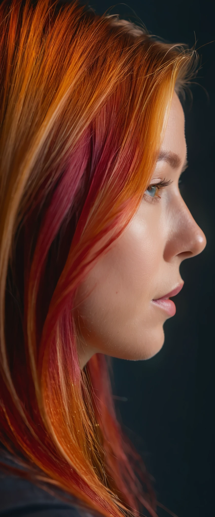 A closeup portrait of a woman with {bright virant anime red hair} and {blonde money pieces in the front}, balayage, ({{blonde strands of hair on both sides extending down to the ends}}), highlights, {vibrant distinguishable hair}, {hair dye}, high detail image, sharp image, intricate detail, high quality, realistic, by Weta Digital, by Wéta FX, by WLOP, Cinematic, Color Grading, Editorial Photography, Photography, Photoshoot, Ultra-Wide Angle, Depth of Field, DOF, Tilt Blur, Shutter Speed 1/1000, F/22, Gamma, White Balance, Neon, Light, Dark, Light Mode, Dark Mode, High Contrast, 5D, Multiverse, 32k, Super-Resolution, Megapixel, ProPhoto RGB, VR, Good, Massive, Big, Spotlight, Frontlight, Halfrear Lighting, Backlight, Rim Lights, Rim Lighting, Artificial Lighting, Natural Lighting, Incandescent, Optical Fiber, Moody Lighting, Cinematic Lighting, Studio Lighting, Soft Lighting, Hard Lighting, volumetric Light, Volumetric Lighting, Volumetric, Contre-Jour, Rembrandt Lighting, Split Lighting, Beautiful Lighting, Accent Lighting, Global Illumination, Lumen Global Illumination, Screen Space Global Illumination, Optics, Materiality, Ambient Occlusion, Scattering, Glowing, Shadows, Rough, Shimmering, Reflections, Lumen Reflections, Screen Space Reflections, Diffraction Grading, Chromatic Aberration, GB Displacement, Scan Lines, Ray Traced, Ray Tracing Ambient Occlusion, Anti-Aliasing, FKAA, TXAA, RTX, SSAO, Shaders, OpenGL-Shaders, GLSL-Shaders, Post Processing, Post-Production, Cel Shading, Tone Mapping, VFX, SFX, insanely detailed and intricate, hypermaximalist, elegant, hyper realistic, super detailed, photography, 8k, RAW photo, (high detailed skin:1.2), 8k uhd, dslr, soft lighting, high quality, film grain, Fujifilm XT3, photorealistic image
