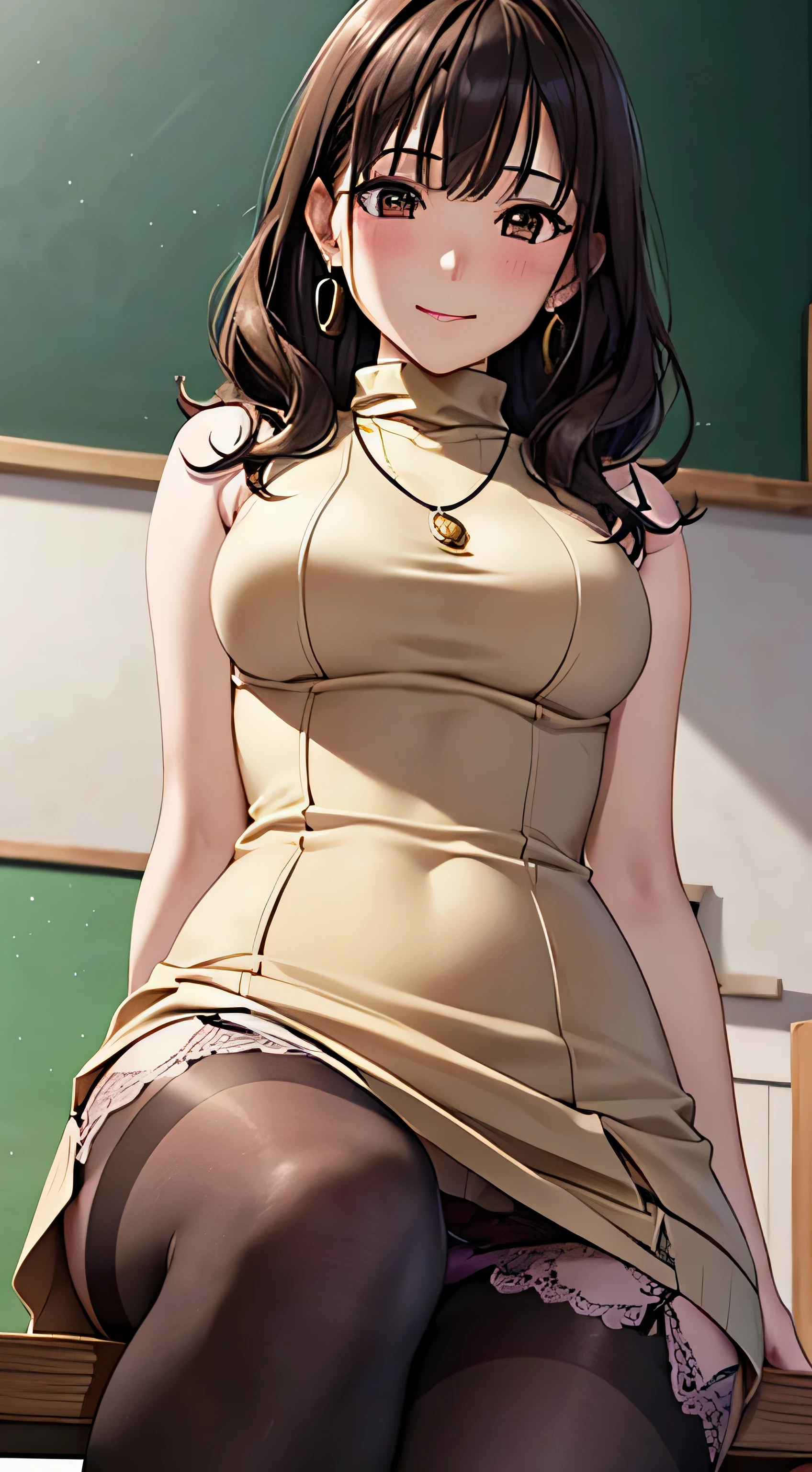 (table top, highest quality, High resolution, , perfect pixel, 4k,), 1 girl, single, alone, Beautiful woman、I could see the whole body、 ((wavy middle hair, bangs, brown hair)), ((brown eyes, beautiful eyelashes, realistic eyes)), ((detailed face, blush:1.2)), ((smooth texture:0.75, realistic texture:0.65, realistic:1.1, Anime CG style)), medium breasts, dynamic angle, perfect body, ((, female teacher, , earrings、necklace、Beige sleeveless turtleneck sweater、long flare skirt、black knee high stockings、showing pink lace panties、shy smile)), upper grade、、、evening、、Bring your arms together to emphasize your chest、hold the necklace between your chest、(、()、angle from below)、