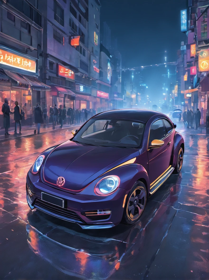 A computer-generated (CGI) rendering of a Volkswagen Beetle driving on a nighttime city street. The car’s headlights illuminate the scene, and elements like a traffic light and fire hydrant add to the realistic atmosphere. The composition follows a 16:9 aspect ratio, emphasizing the dynamic cityscape at night. Negative Prompt: Poorly executed CGI rendering, lack of realism in depicting the nighttime city street, ineffective use of lighting, unclear focus on the Volkswagen Beetle, unimpressive composition, absence of atmospheric details, failure to convey a sense of depth and dimension.