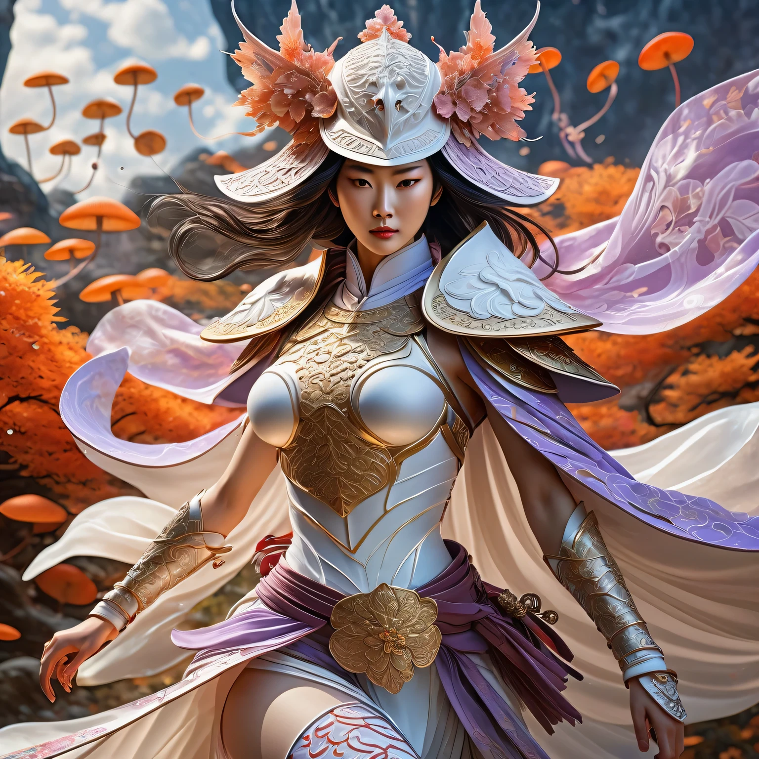 (best quality,4k,8k,highres,masterpiece:1.2),ultra-detailed,(realistic,photorealistic,photo-realistic:1.37), HDR,UHD,studio lighting,ultra-fine painting,sharp focus,physically-based rendering,extreme detail, onmyoji detailed art, 1woman, 30 years old, cyborg samurai, (dynamic pose:1.6), (show entire body),wide angle, Dynamic angle and composition,chinese three kingdoms, (from sengoku period), (She is wearing an ancient samurai light armor breastplate made of white marble:1.6), (cyber japan samurai armor), (fractal designs), clothed in old samurai uniform, (wearing kimono armor), (wearing a fish-shaped white acrylic helmet:1.37), highly detailed clothes, (her clothes have zentangle details adorned with beautiful gems:1.37), (She is wearing a leaf-shaped cape made of  cloth:1.4), Transparent petal-like cloth hangs from the woman's waist, pale purple hues, fantasy art, sci-fi, (concept art inspired by Kanō Hōgai), (Jean Giraud style), moebius, psychedelic, (Incredibly beautiful nature background with fungi:1.6), ethereal lighting, vibrant colors, intricate details, (surreal landscape), otherworldly creatures, mesmerizing pattern,cyber helmet, intricate helmet design, cosmic ambiance, dreamlike atmosphere, (mythical creatures), surrealistic composition, organic shapes, full body wuxia, from sengoku period