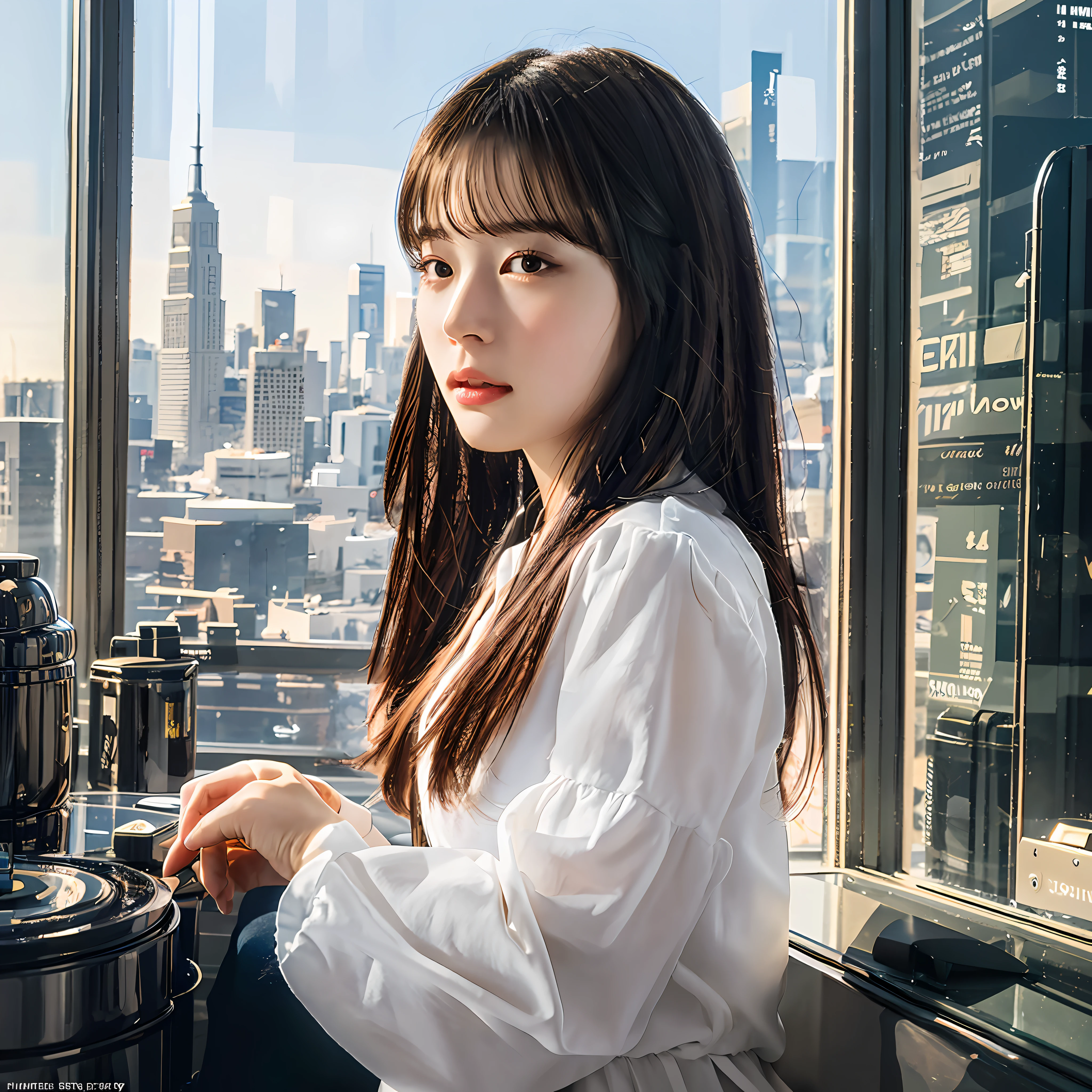 Mais alta qualidade, detalhe excepcional, ultra-high resolution, (fidelidade: 1.4), the best illustration, detalhes do favor, 1girl altamente condensada, com um rosto delicado e lindo, uma mulher em casa, the background is a high-tech lighting scene of the future city.