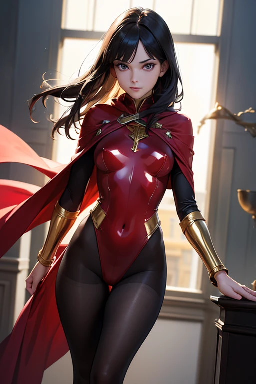 (best quality,8k:1.2,high resolution:1.2),ultra-detalhado,Realistic,SUPER HERO female,21 YEARS OLD,long BLACK hair,rosto extremamente detalhados,long eyelashes,all sheer RED LATEX leotard Apertado, A LARGE EMBLEM IN THE SHAPE OF THE LETTER "A" EMBROIDERED ON THE EMBRASE, RED FLYING CAPE,TRANSPARENT LIGHT BROWN SHINY pantyhose,Glossy GOLD metalic BRACELETES,Physically-based rendering,sharp focus,studio lighting
Consumo e