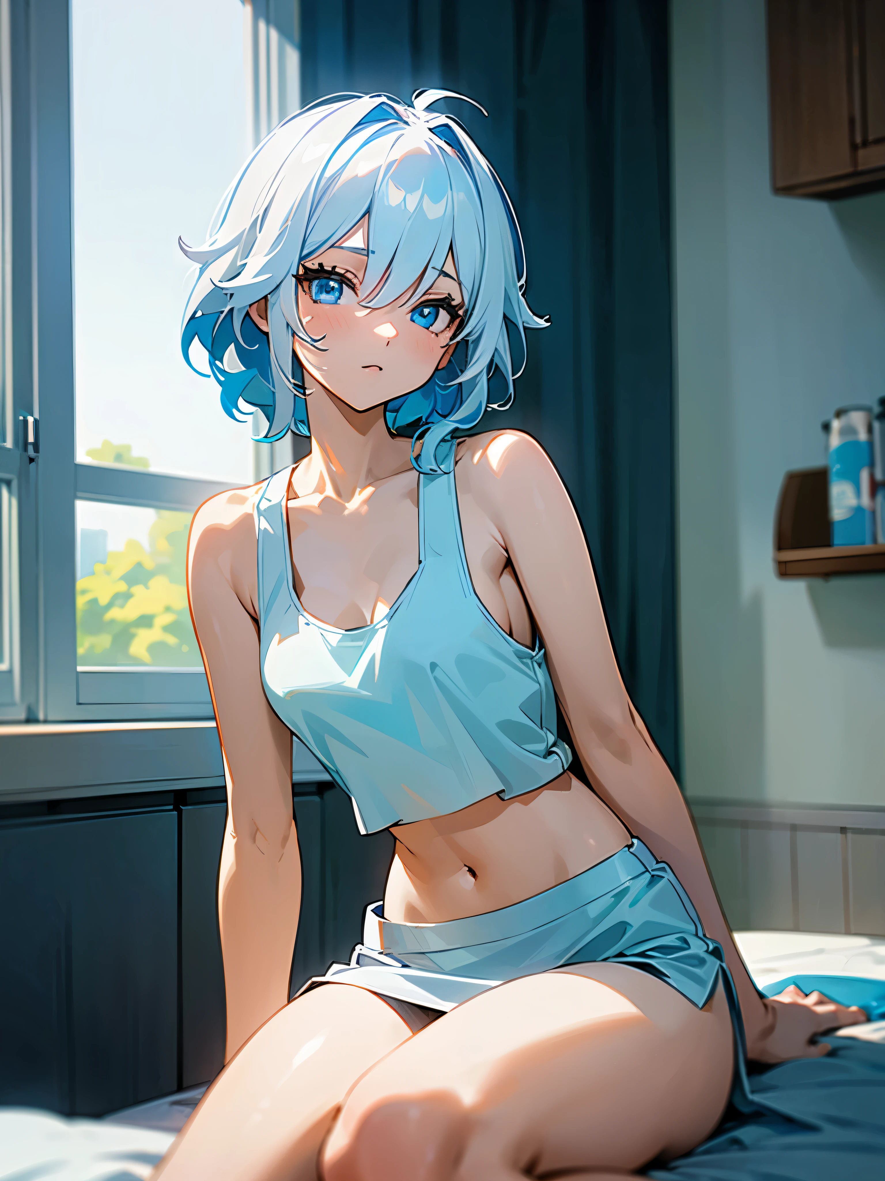 1girl, furina from genshin impact, short pale blue-white hair, wavy hair, blue eyes, different-blue eyes, wearing plain white cropped tank top, cropped tank top, white cropped tank top , cropped tank top, white overall, white mini skirt , indoor background, sunlight comes from window, kitchen background, kitchen, many furintures, cheerish ambience, sitting, looking at the camera, masterpiece, 8k, highres, ultrahd