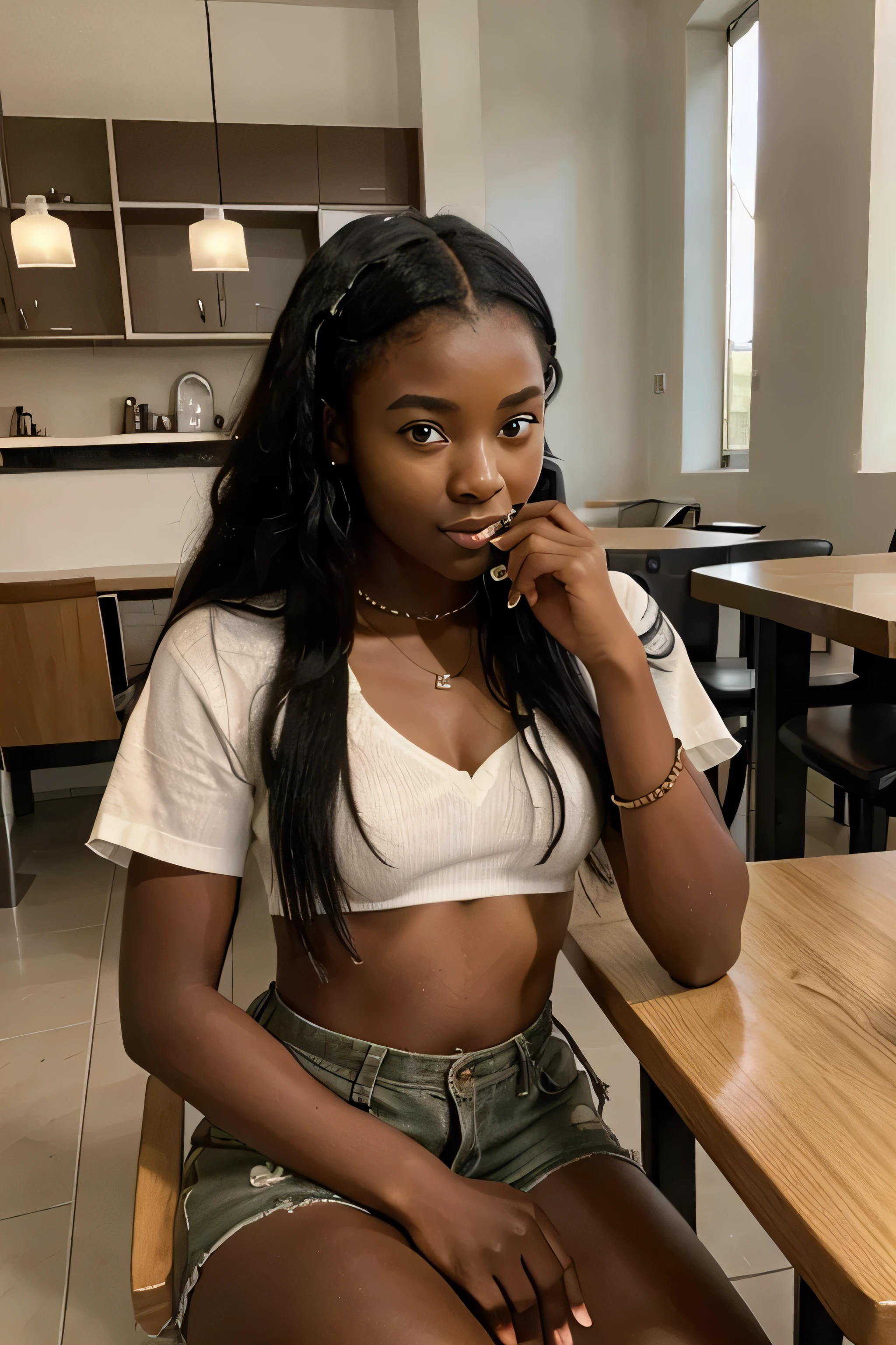 an african girl of 19 years old who is eating with modern outfit