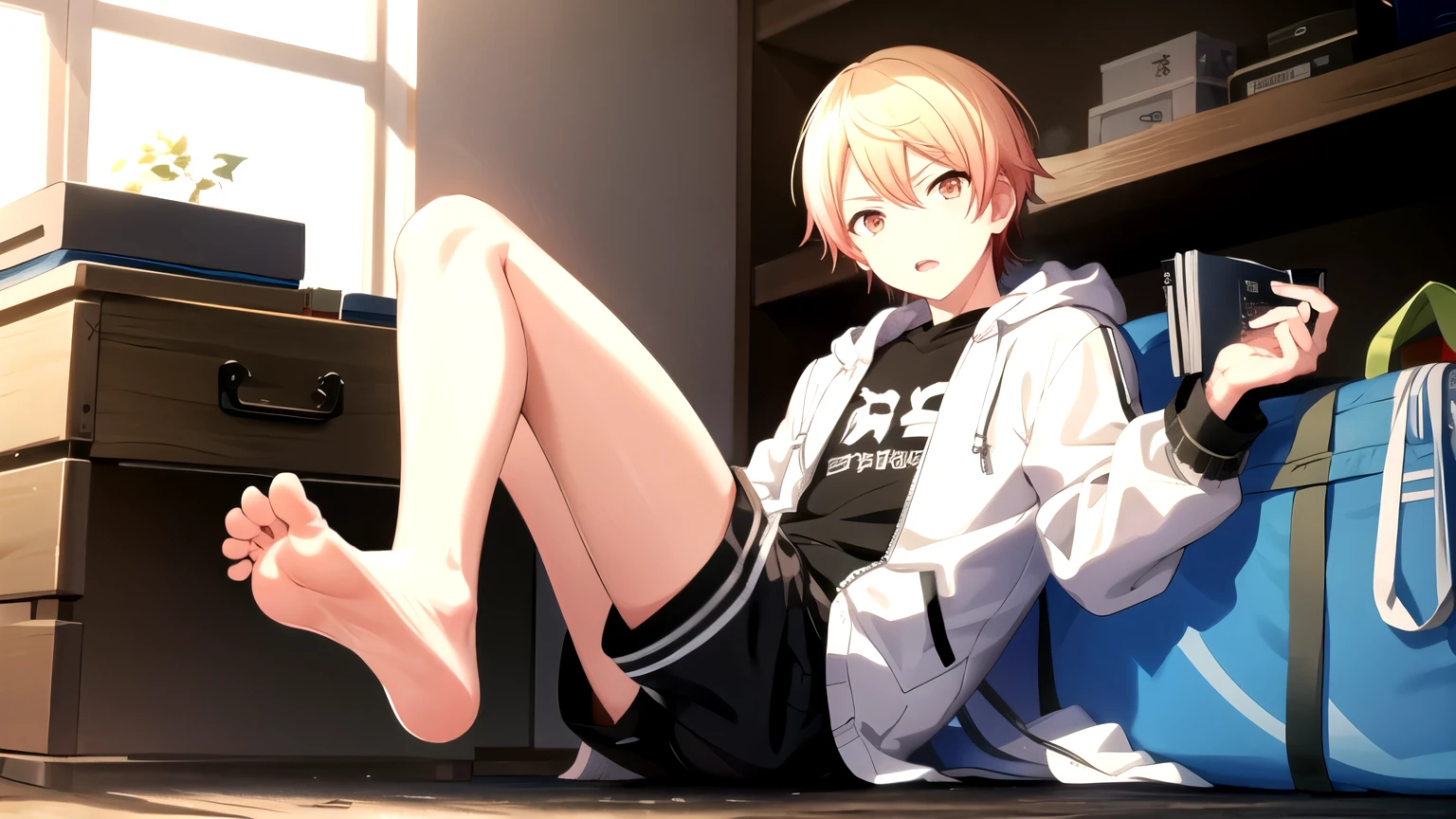 tsukasa3rd, close mouth, long sleeves, hair between eyes, white hooded jacket, open clothes, black shorts, indoors, bag, open jacket, barefoot, focus feet, camouflage T-shirt, sitting, black foot sole