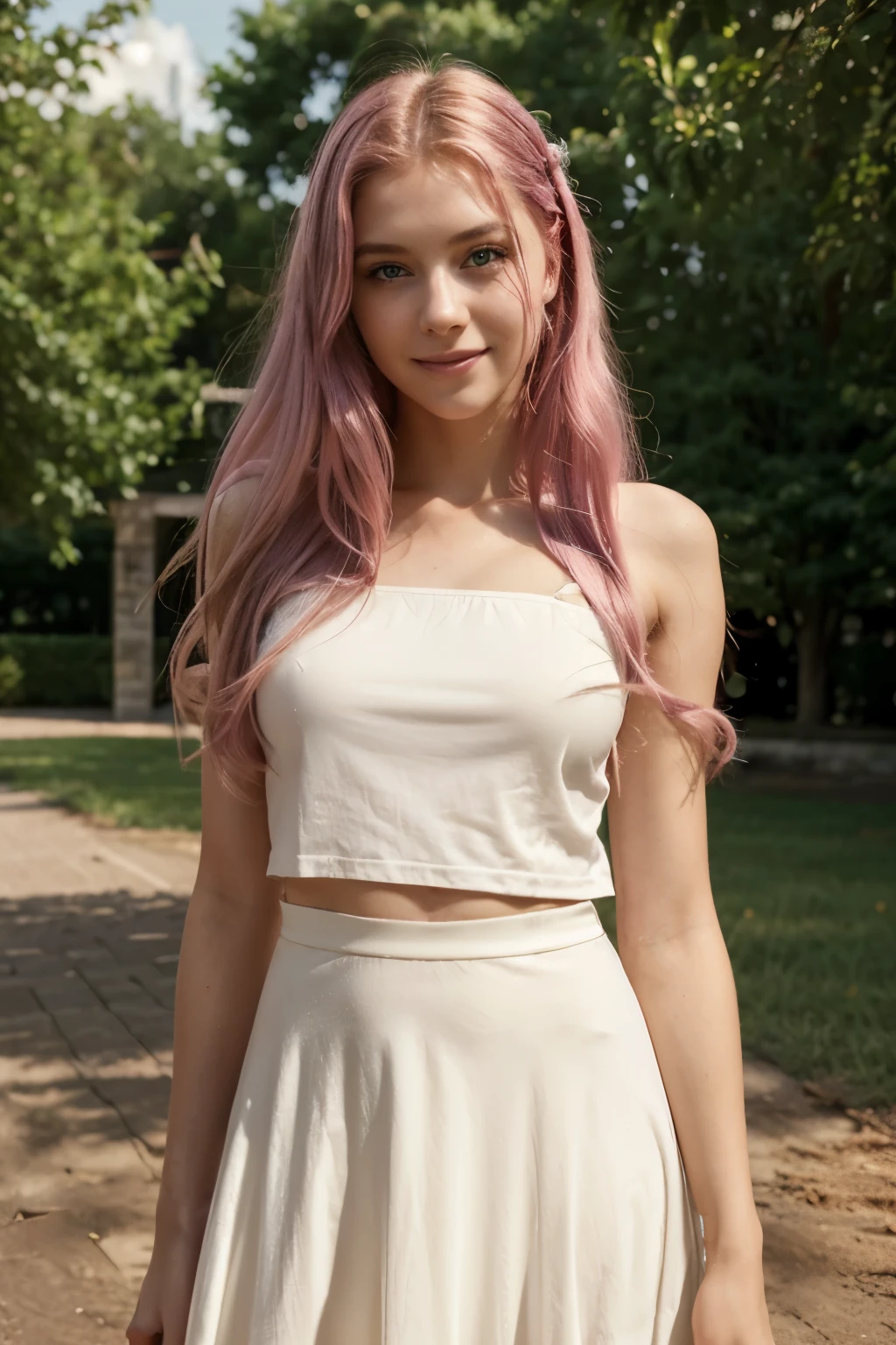 A young girl of eighteen years old, with long, beautiful hot pink hair cascading down her shoulders and yellow caramel eyes that sparkled with a young and playful energy, stood before the full-length camera with a gentle smile playing on her lips. Clad in a crisp and pristine uniform, the hemline of her long skirt brushed against the ground as she posed for the cinematic, ultra-realistic portrait. The image was captured in pristine 8K resolution, every detail faithfully rendered in perfect and super-detailed HD, free from any duplications or distortions to heads, fingers, hands, or any unwanted bugs or blur. The young girl's eyes