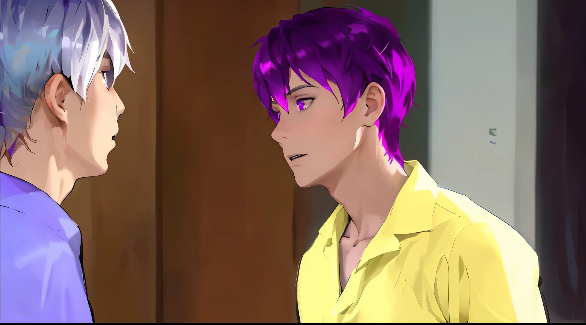 There are two 6 boys looking at each other, one with silver hair and the other with purple hair, purple eyes.