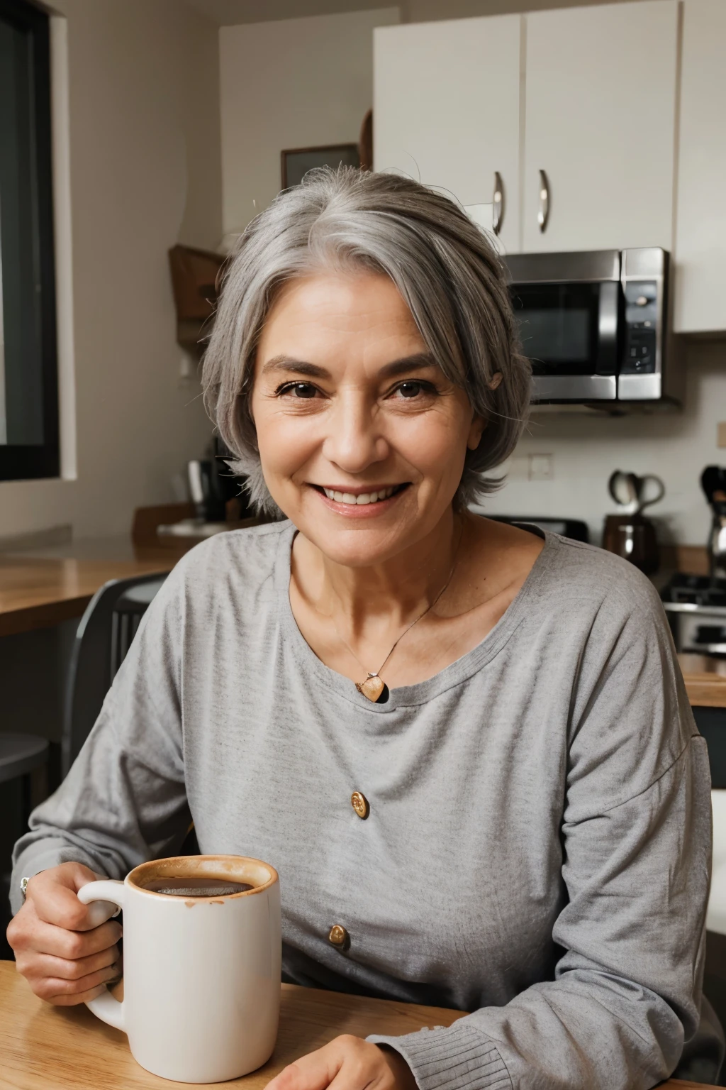 Create a smiling and nice looking old woman with grey hair, who shows off her new coffee mug
