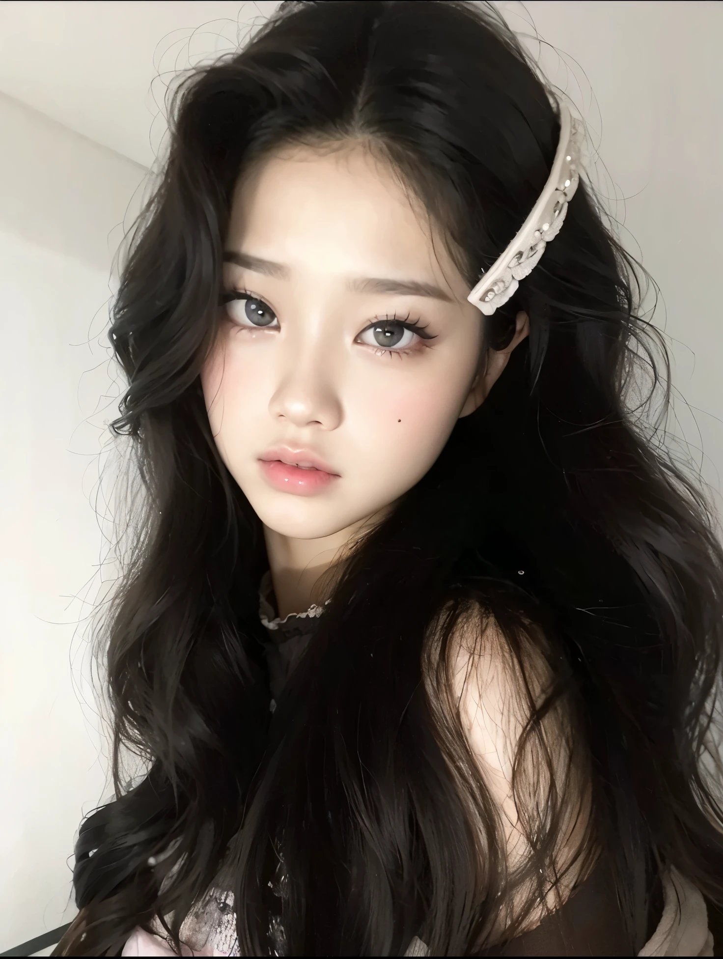 Un primer plano de una mujer con el pelo largo y pelinegro, Wonyoung de IVE, Retrato de Wonyoung de IVE, Wonyoung de IVE, Jang Wonyoung de IVE, maquillaje popular de Corea del Sur, Wonyoung de IVE, Retrato Wonyoung IVE, Tono de piel rosa pastel, Wonyoung de IVE, maquillaje coreano popular