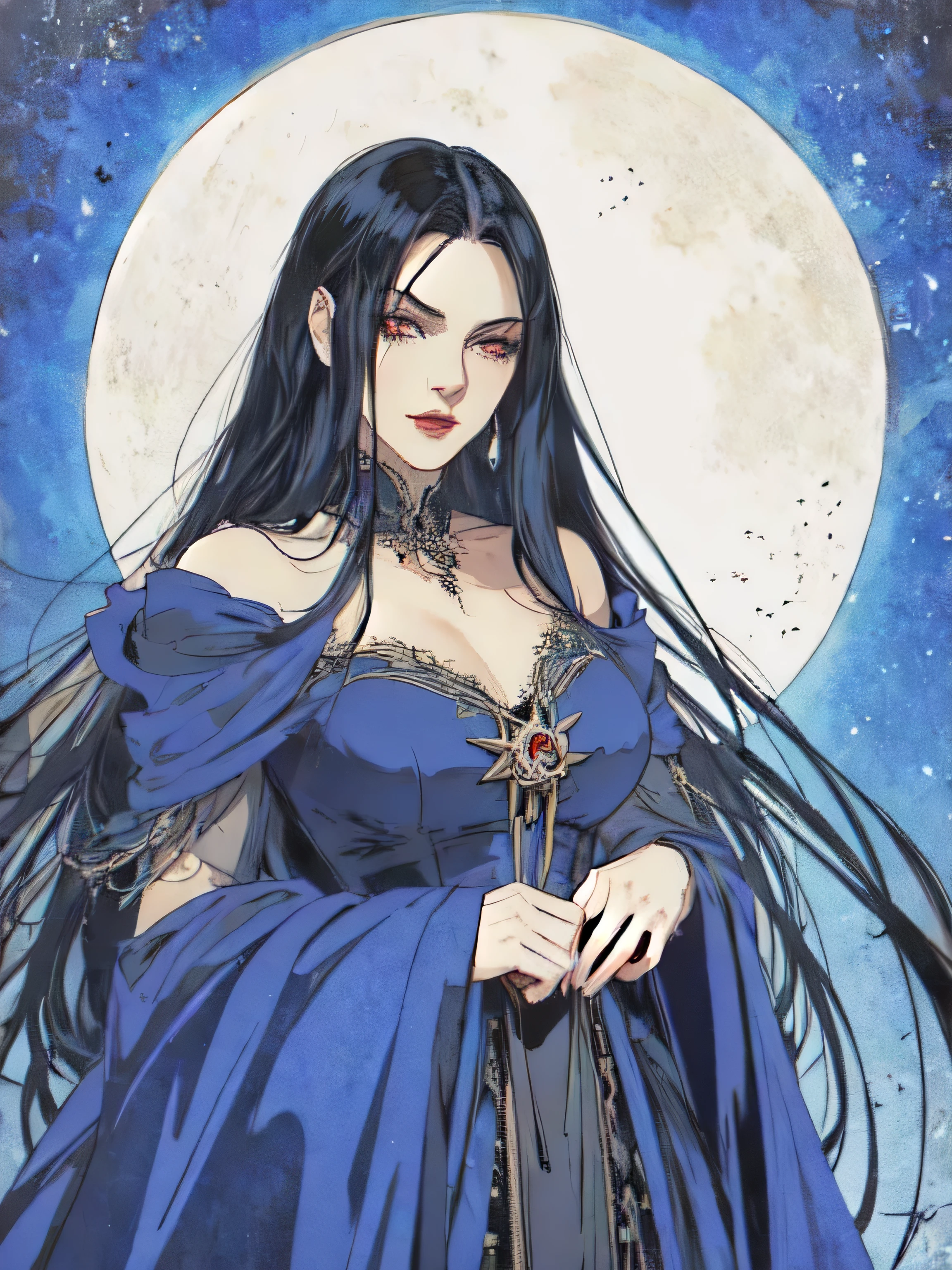 uma mulher com longos cabelos pretos e um vestido azul, gothic maiden anime girl, no art style by bowater, anime art nouveau, anime art nouveau coreano, bruxa de Castlevania, mago de cabelo preto, Yennefer, ((uma linda imperatriz de fantasia)), linda rainha vampira, anime em estilo fantasia, princesa das trevas, carmilla vampira, linda rainha feminina vampira