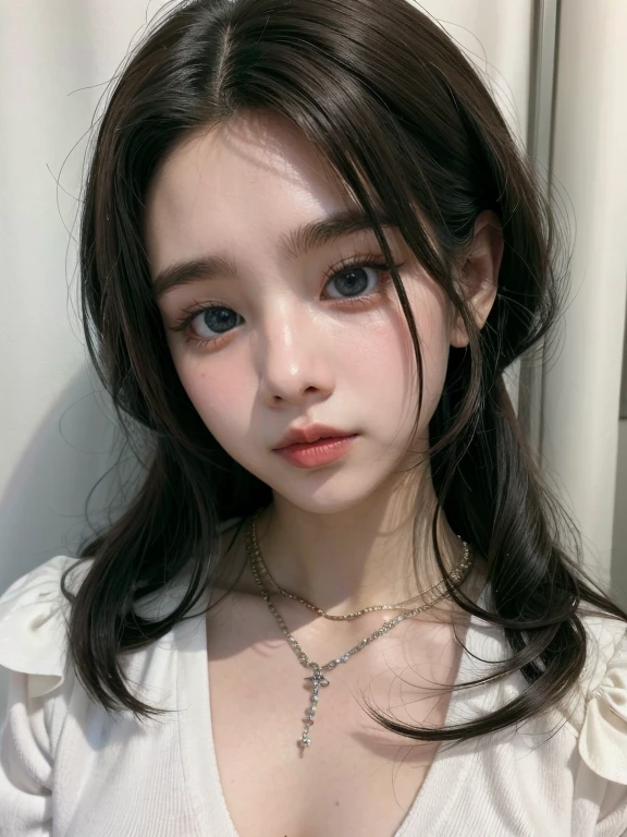 mujer arafed con un collar y un collar con una cruz., pelo negro y ojos grandes, cruel korean gothic girl, joven y hermosl amouranth, pale gothic beauty, flequillo blancopelo negro, ulzzang, Beautiful androgynous girl, Cai Xu Kun, pelo peludo, jinyoung shin, pale porcelain white skin, sakimichan, light brown eyes