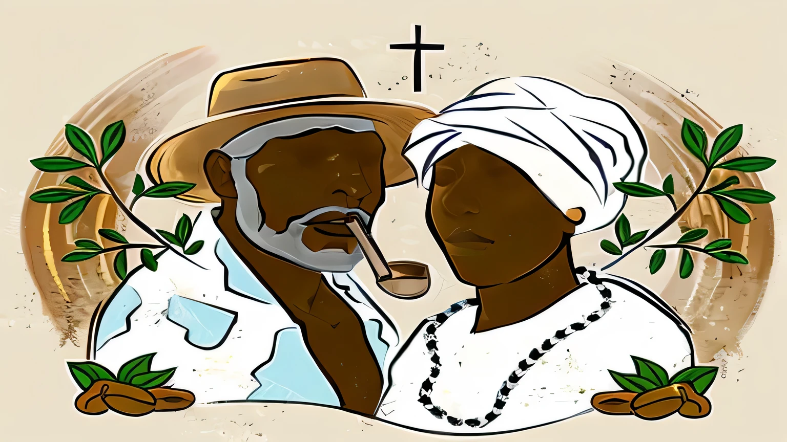 there is a drawing of a man and a woman with a cross, rezando com tabaco, inspired by Ceferí Olive, comissionado, uma pintura de duas pessoas, stylized digital illustration, digital illustration, a digital rendering, iconografia africana, casal, por Chinwe Chukwuogo-Roy, mulato, 💣 💥, por Ingrida Kadaka
