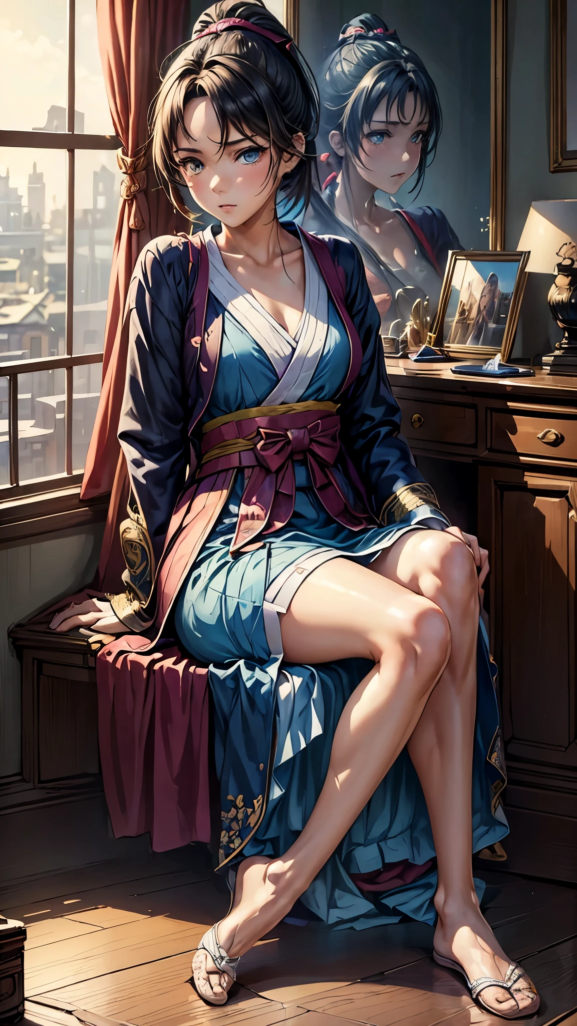 Absurd resolution, high resolution, (masterpiece: 1.4), super detailed, (((detailed face, detailed expression)), two girls, girl and girl, friends, best friends, classmates, relaxing, ponytail, bob, sitting on bed, sitting on the floor, two people conversing, background in room, friends, best friend, home, 1K, small room, curtains, bed, TV, desk, room wear, kyoto animation, The atmosphere of Kyoto Animation, (tearful)