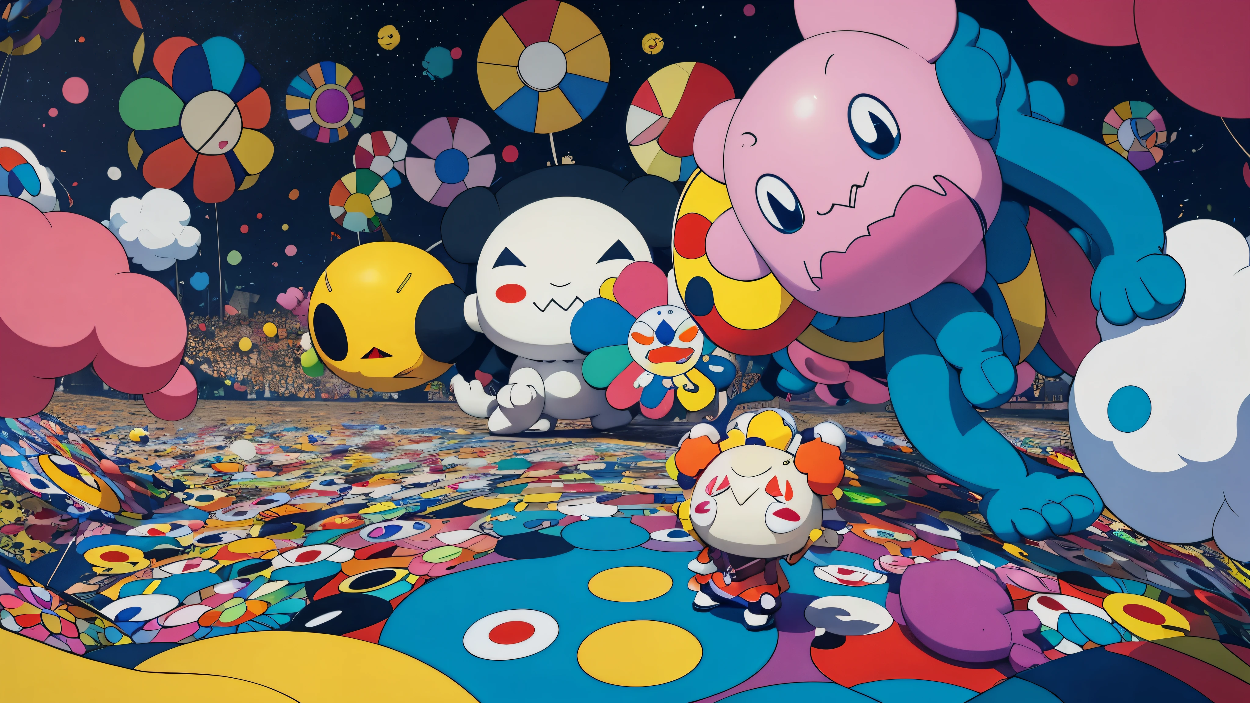 takashi murakami style, sad, depression, life, love story, abstract, colorful, future, banner, kaws