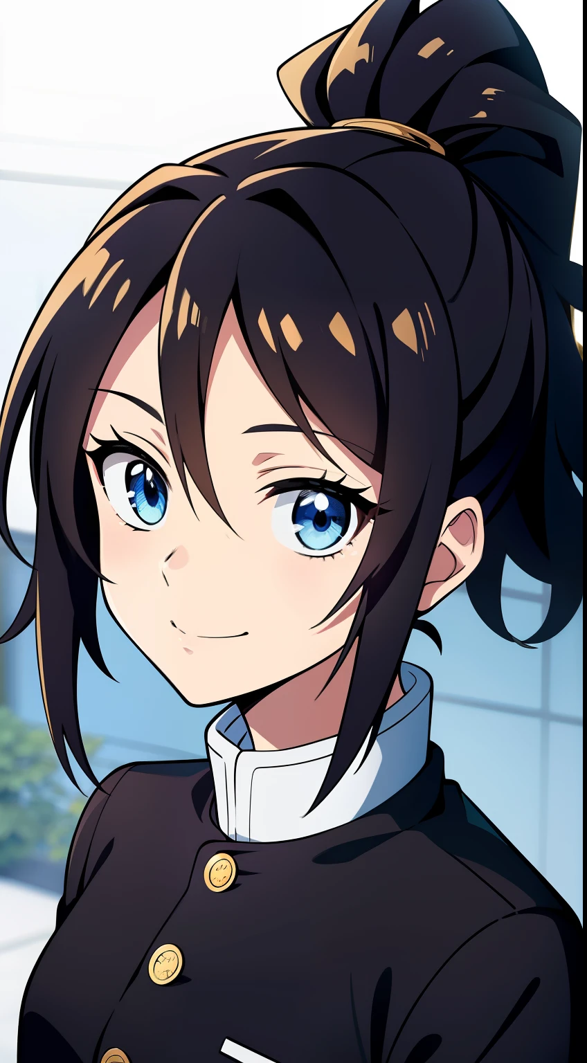 (high-quality, breathtaking),(expressive eyes, perfect face) 1girl, female, solo, age 15, teenager age, black color hair, blue eye color, spiky fluffy hair, medium hair length, cute smile, cute face, Symmetrical Eyes, portrait, headshot, wide shot, zoomed out, positive expression, Kimetsu no Yaiba Art style, demon slayer uniform, black long sleeved shirt, white trim, gold buttons
