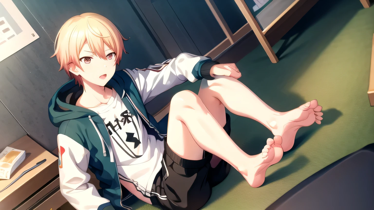 tsukasa3rd, close mouth, long sleeves, hair between eyes, white hooded jacket, open clothes, black shorts, indoors, bag, open jacket, barefoot, focus feet, camouflage T-shirt, sitting, black foot sole