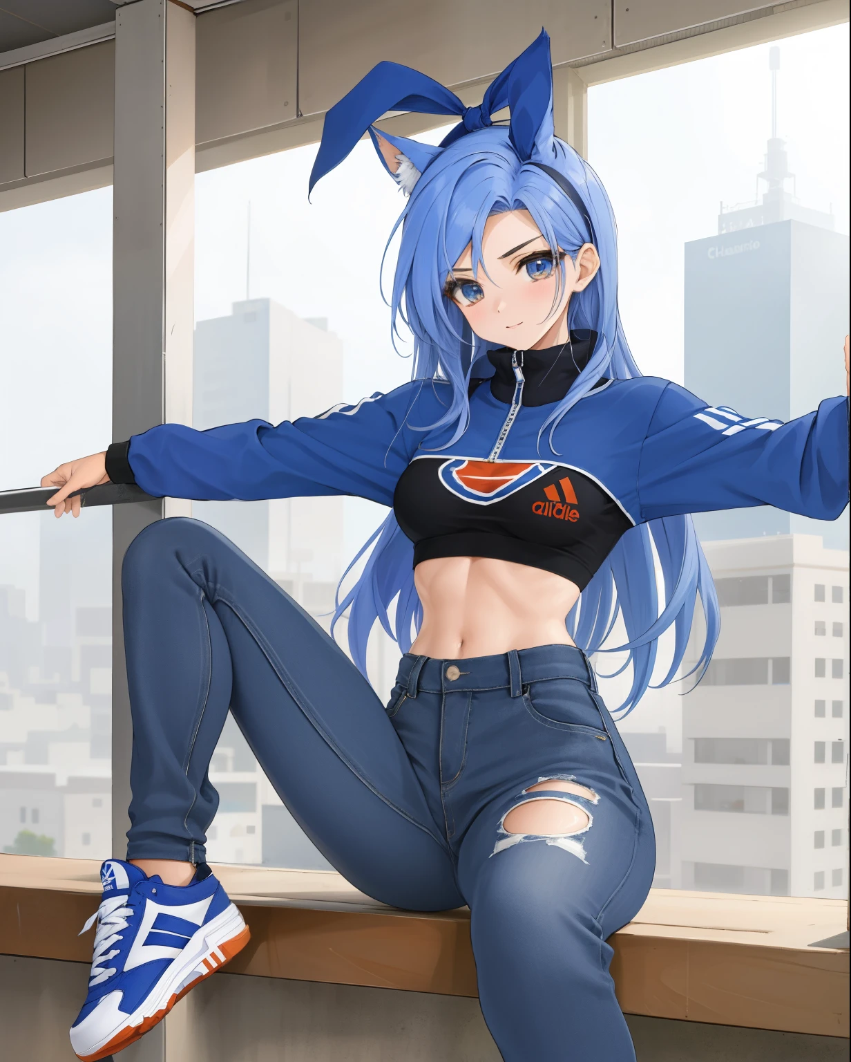 chaesu-minah, 1 chica, solo, sujetador deportivo azul claro, polainas, pantalones apretados, athletic body, zapatillas, adidas zapatillas, blue eyes, pelo azul, 8K, high resolution, poca profundidad de campo, detalles altos, En el gimnasio, obra maestra, Mejor calidad, muy detallado, chica zorro, orejas de zorro, cola de zorro azul esponjosa,,semidesnuda,sudando