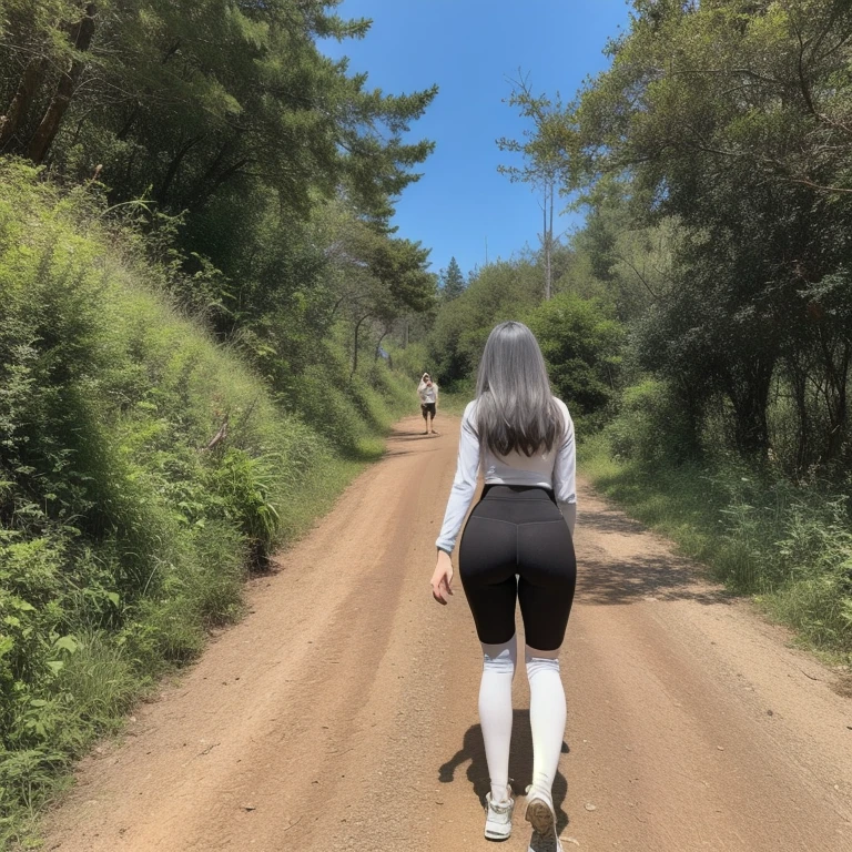 a woman walking down a dirt road with trees and bushes, cottagecore!! fitness body, forest city streets behind her, walking around in forest, walking around in a forest, walking away from the camera, long shot from the back, thicc, 8k)), white shorts and hiking boots, walking upright in a forest, anime girl in real life