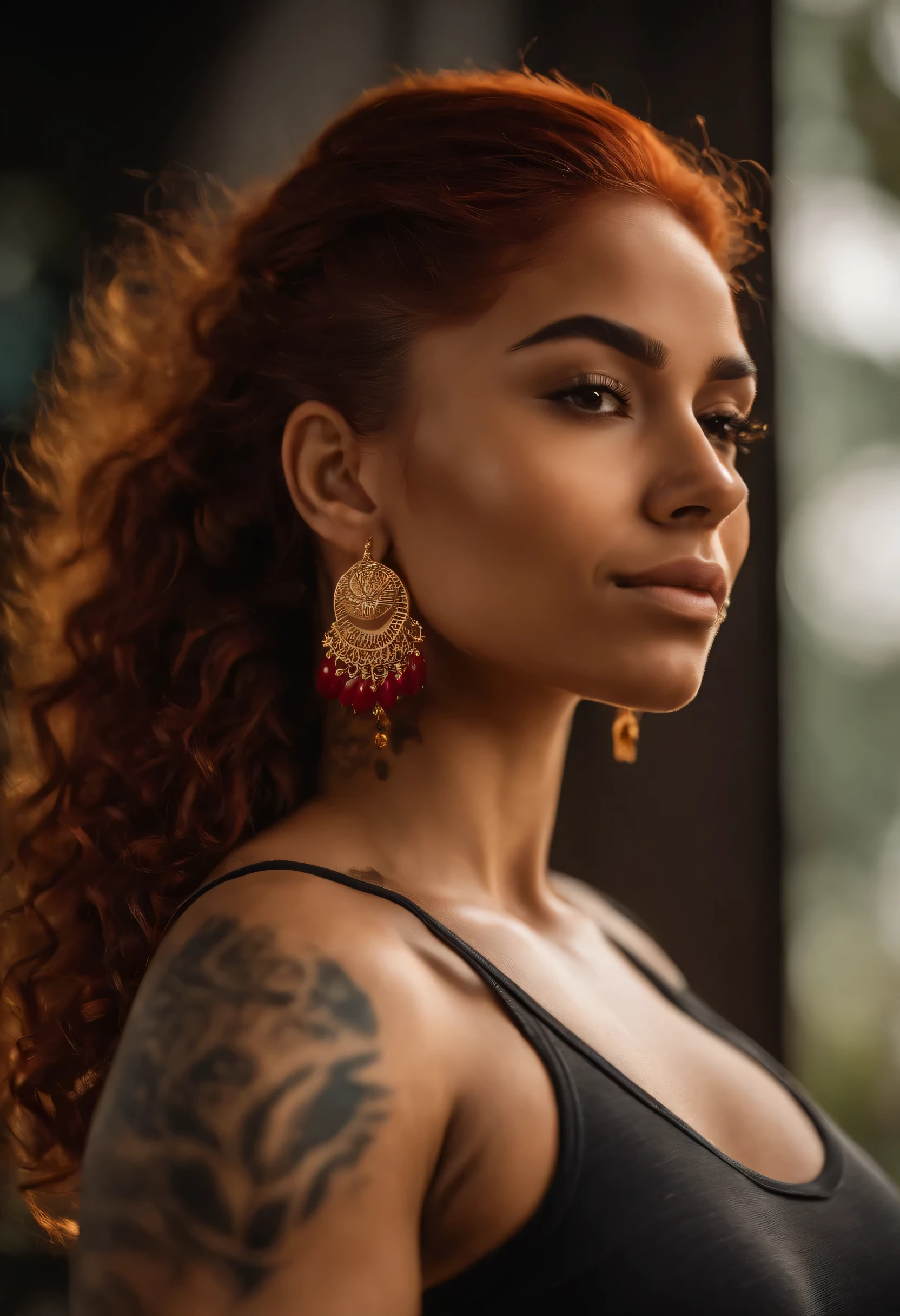 Uma deusa latina urbana com pele caramelo e cabelo vermelho vibrante Com tatuagens de flores em seu ombro direito, lower lip and shoulder completely, Esportes, apta, Large, detailed muscles, peito, Realista, 22 anos de idade, roupa esportiva preta, academia, bochecha redonda, pele ligeiramente brilhante, Medium length hair reaching the shoulders, pequenos brincos de ouro