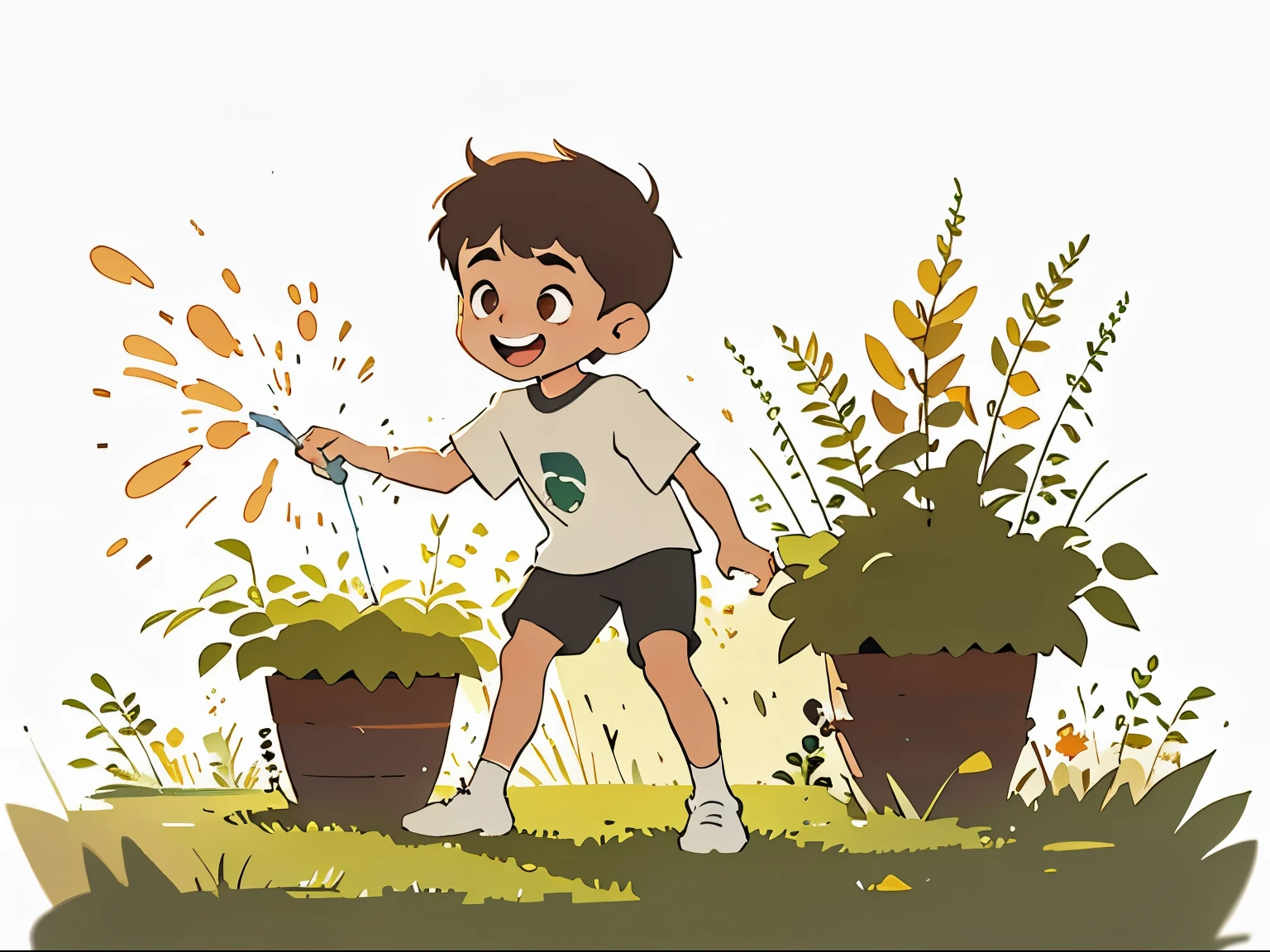 Cheerful 8-year-old boy watering grass while playing comes to life. With brown hair cascading down to his shoulders and big, expressive brown eyes, his features are further highlighted by his completely white T-shirt and full dark green shorts. Finely detailed white sneakers adorn his feet. This digital illustration is set against a pristine white background, allowing the clear, detailed, fine lines and sharp focus of the boy to truly stand out.