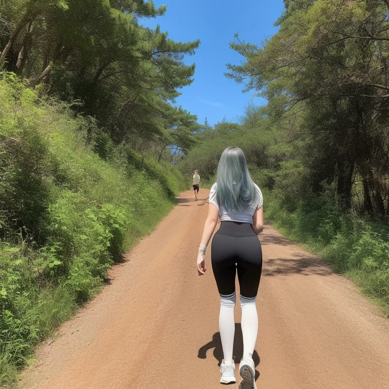 a woman walking down a dirt road with trees and bushes, cottagecore!! fitness body, forest city streets behind her, walking around in forest, walking around in a forest, walking away from the camera, long shot from the back, thicc, 8k)), white shorts and hiking boots, walking upright in a forest, anime girl in real life
