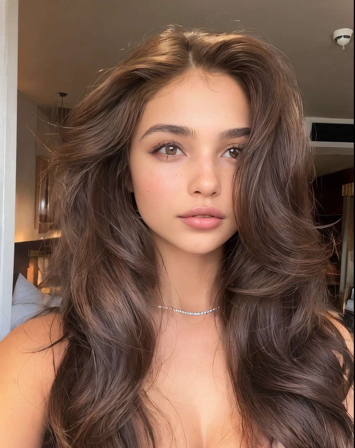 mulher arafa com longos cabelos castanhos e vestido sardento posando para uma foto, cerveja madison, cerveja madison girl portrait, soft devil queen cerveja madison, :: cerveja madison, messy brown hair, lindo rosto latina, Retrato de Sophie Mudd, corte de cabelo cacheado com parte do meio, cabelo castanho escuro e pele bronzeada, messy brown hair, sobrancelhas grossas e retas
