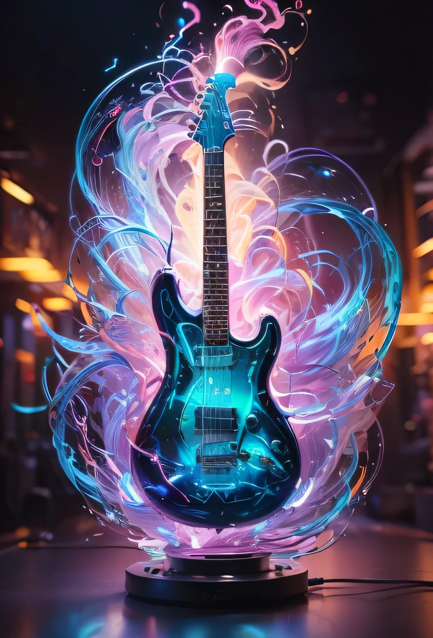 Transparent glass electric guitar, fluorescent blue neon cables inside, dynamic action motion capture, colorful, luminism, bioluminescence, studio lighting, hyper detailed, (masterpiece, best quality:1.4), shallow depth of field, detailed background, (ultra realistic:1.2), high-detailed, 8k, Aura, Glow, Artnthrmg