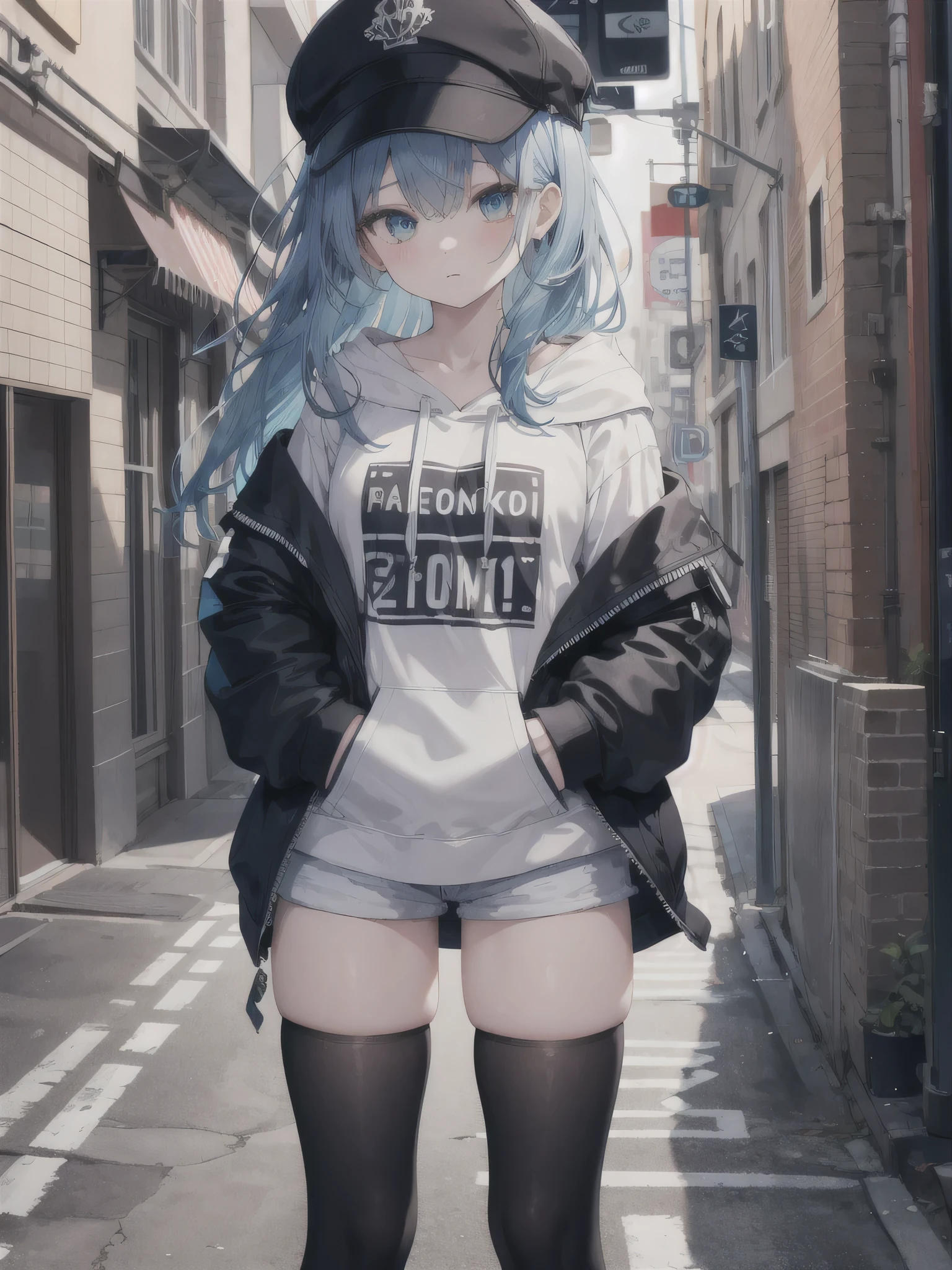 masterpiece,1girl,solo,long hair,blue hair,hoodie,off shoulder:1.2, mob cap, street,hand on hip, hand in pocket,looking at the viewer short height