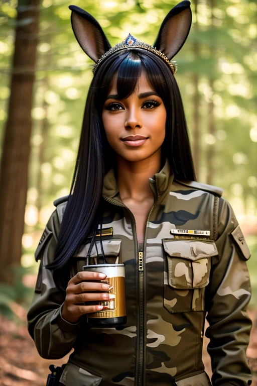 Melhor qualidade, 8k, mulher,black straighr hair, bangs,lindo,big eyelashes, looking to observer, little smile, rabbit ears tiara, decote,militar camouflage vest over beige nylon bodystocking, holding a beer can, florish forest scenario