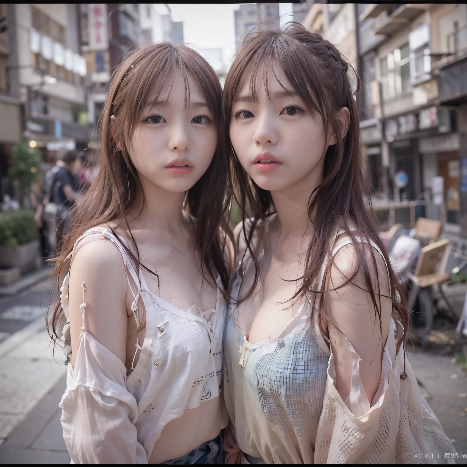 identical twin sisters、Tokyo street、cityscape、Upper body、Close-up、laughter、、(8K、RAW photo、highest quality、masterpiece:1.2)、(realistic、photo realistic:1.37)、Highly detailed eyelash drawing、(((best image quality))),Huge 、fine skin, (beautiful hair), (perfection Anatomy), (realistic), (dynamic angle), seductive pose,perfection,sensual look、highest quality、High resolution、