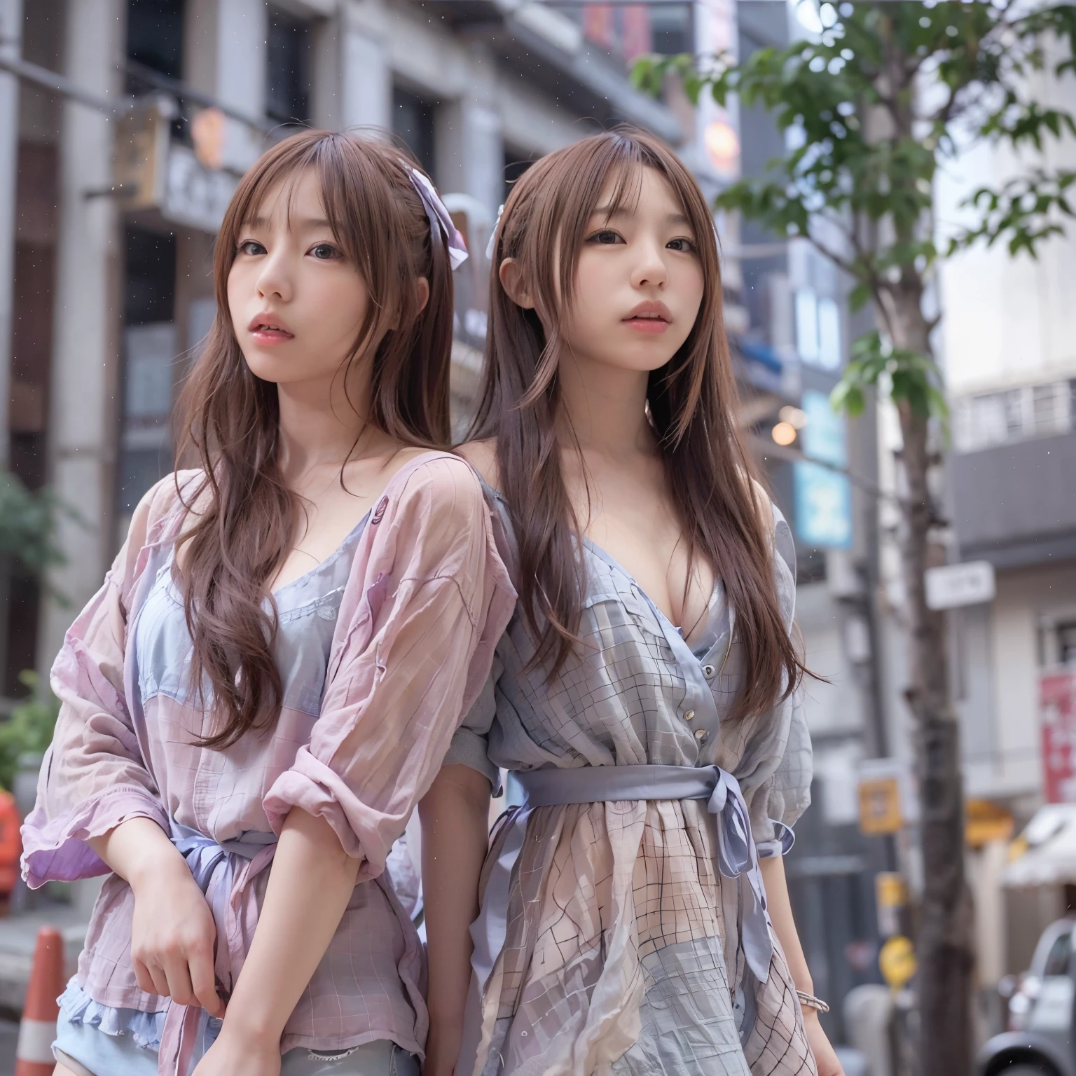 identical twin sisters、Tokyo street、cityscape、Upper body、Close-up、laughter、、(8K、RAW photo、highest quality、masterpiece:1.2)、(realistic、photo realistic:1.37)、Highly detailed eyelash drawing、(((best image quality))),Huge 、fine skin, (beautiful hair), (perfection Anatomy), (realistic), (dynamic angle), seductive pose,perfection,sensual look、highest quality、High resolution、