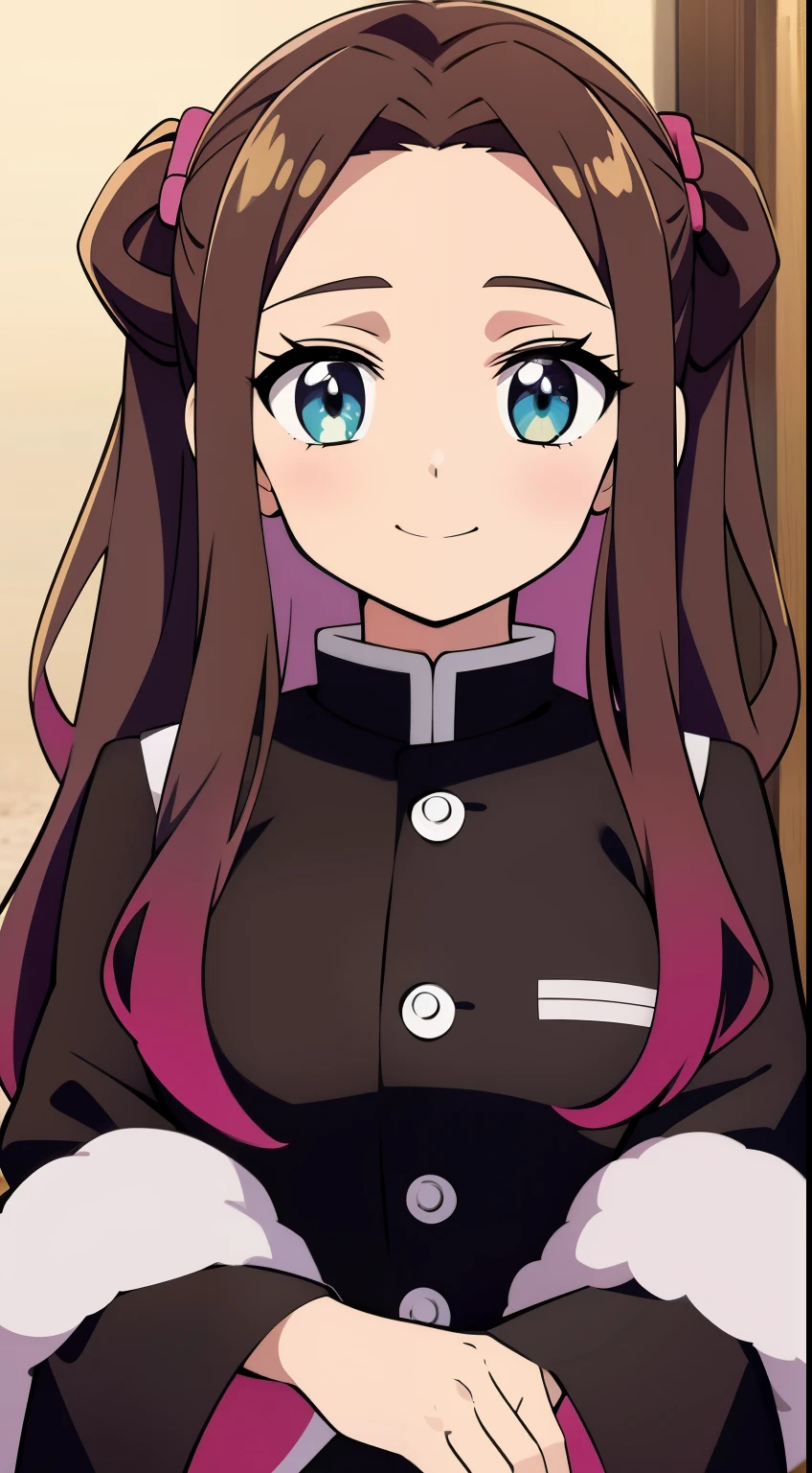 (high-quality, breathtaking),(expressive eyes, perfect face) 1girl, female, solo, age 15, teenager age, brown color hair, pink eye color, fluffy hair, long hair length, cute smile, cute face, Symmetrical Eyes, portrait, wide shot, positive expression, Kimetsu no Yaiba Art style, demon slayer uniform, black long sleeved shirt, white trim, gold buttons, colorful haori, on a white wall
