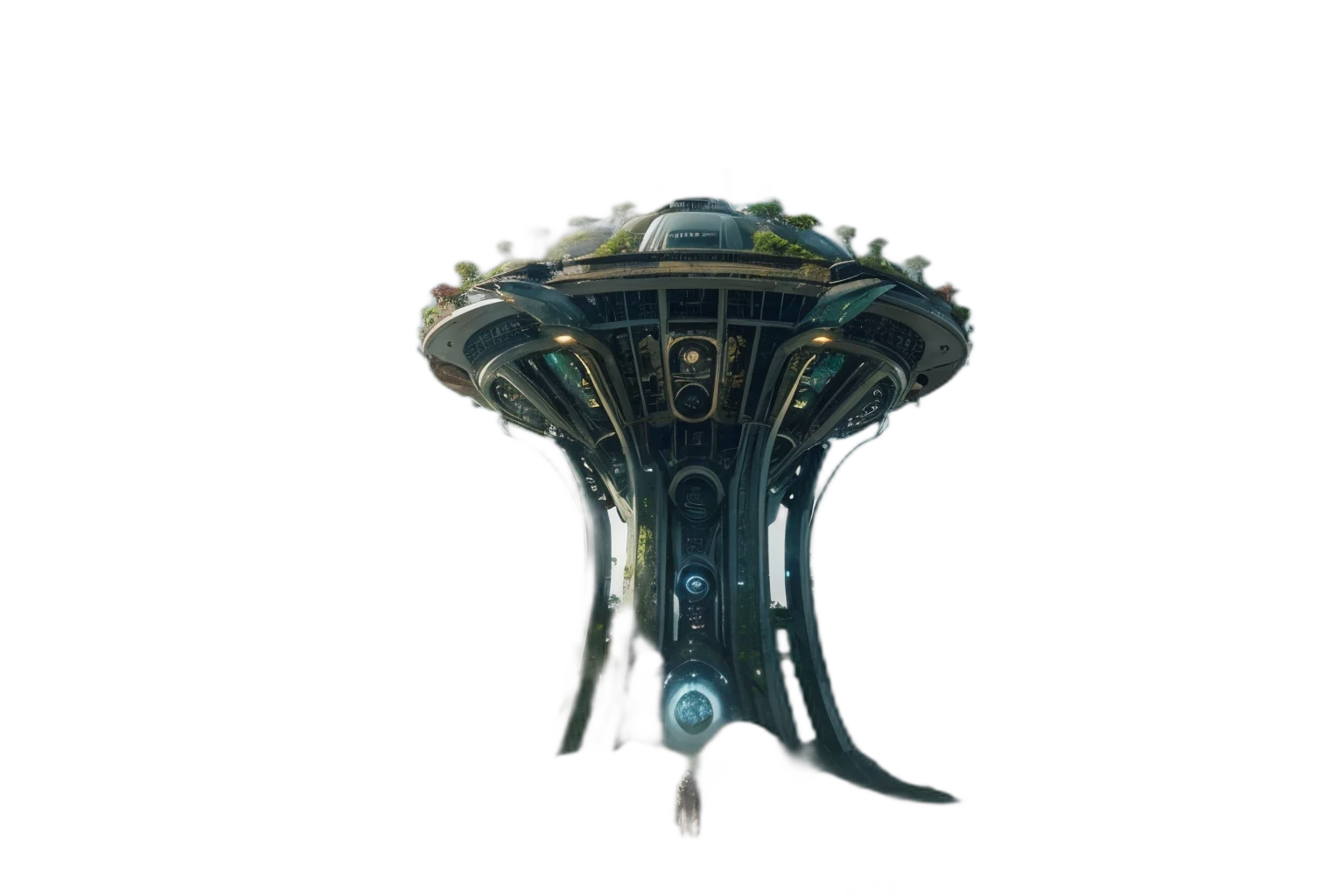 Create a picture of a stunning, futuristic alien world, with exotic vegetation and impressive landscapes that seem like something out of a dream, where peaceful alien creatures dwell in harmony with the lush environment and futuristic and technological constructions. giant robots