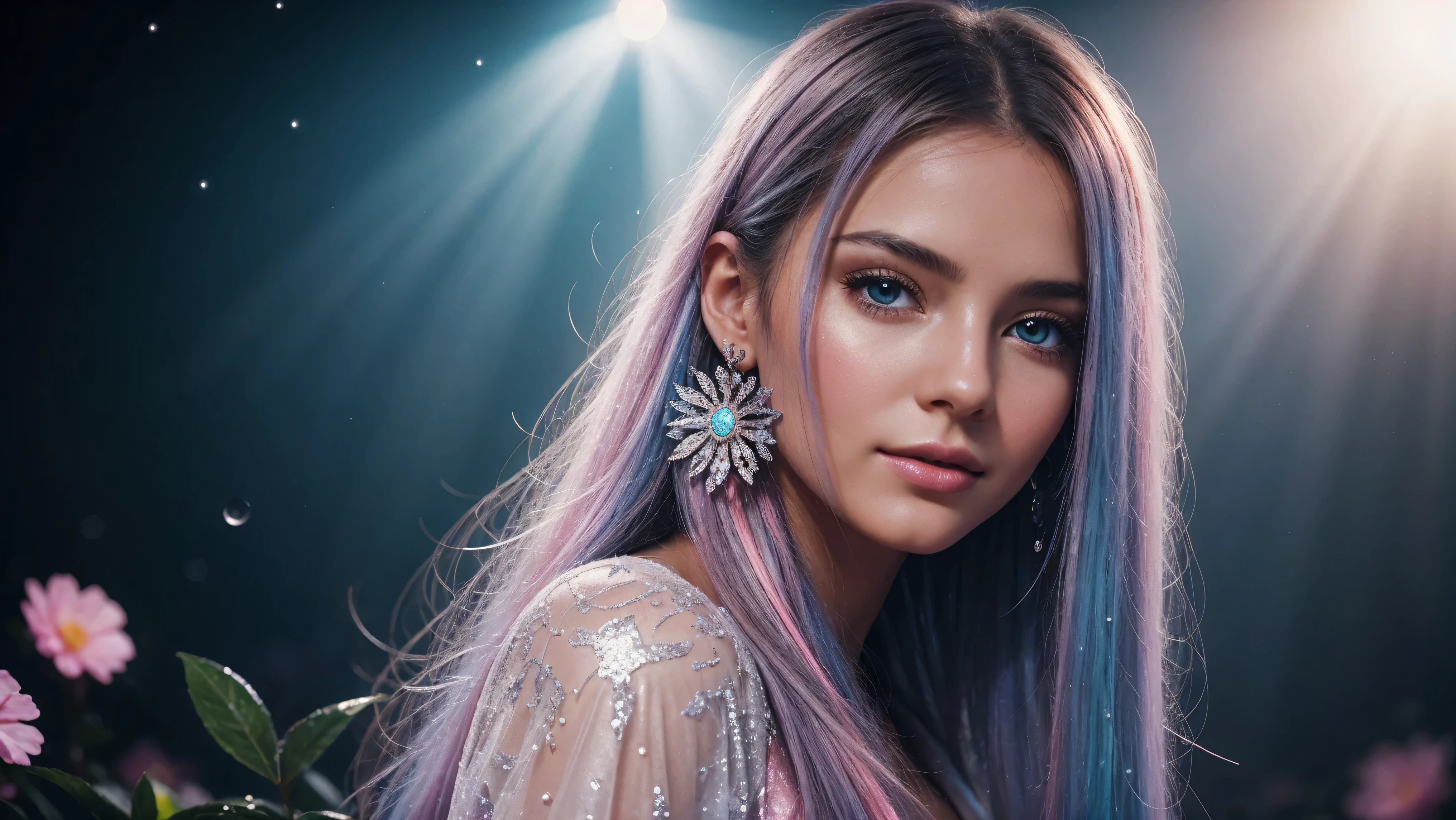 closeup of a beautiful realistic girl with blue long hair in the fog,at the disco and colorful lights and music sparkle, deep atmosphere,close-up of clean skin with skin detail ,,in black tights and a pink blouse ,on an orange background,Against the background of the starry sky,Bright makeup,EARRINGS WITH SEquins,two-leaf gray flower, translucent double-leaf gray speckled, Bioluminescent - Ultra High Quality 8K Music Equalizer, High brightness, Rich colors, Soft light, super detailed photos. сверхhigh quality 8K, High brightness, Noise suppression, яркие Rich colors.. high quality, 8k Ultra HD, high passion, high quality,very close focus, very beautiful flower, translucent red lily of the valley with flower in drops of dew, bioluminescent flower glows and shimmers, he grows in a mysterious forest, Shrouded in mystery, high quality 8k, High Contrast, Rich colors, Soft light, super detailed photos. high quality 8k, tall girl in a black and red dress in the spotlight.., High detail, realistic beautiful girl with long light yellow hair, Gradient , girl with good charisma, creative approach to non-standard poses,., Girl in miniskirt, there are splashes of silver dust, and behind him nebula, atmospheric lighting, surrounded by wet dew drops, behind the fantasy world, on a beautiful background, glare, shine, overflow, Splash drops, high quality, 8k Ultra HD, High Contrast, high quality, Soft light, Close-up of a beautiful realistic girl with BRIGHT WHITE TURQUOISE and pink long hair......... ,close-up of clean skin with skin detail,full length, in a short miniskirt, Preparation Realistic room with silver patterns with pearlescent shine,in drops of dew, stands in a beautiful place, where there are a lot of rubber hearts,everything is pink and blue, grow along the edges with flowers,in a moonlit meadow, nebula, epic mood, Best quality,