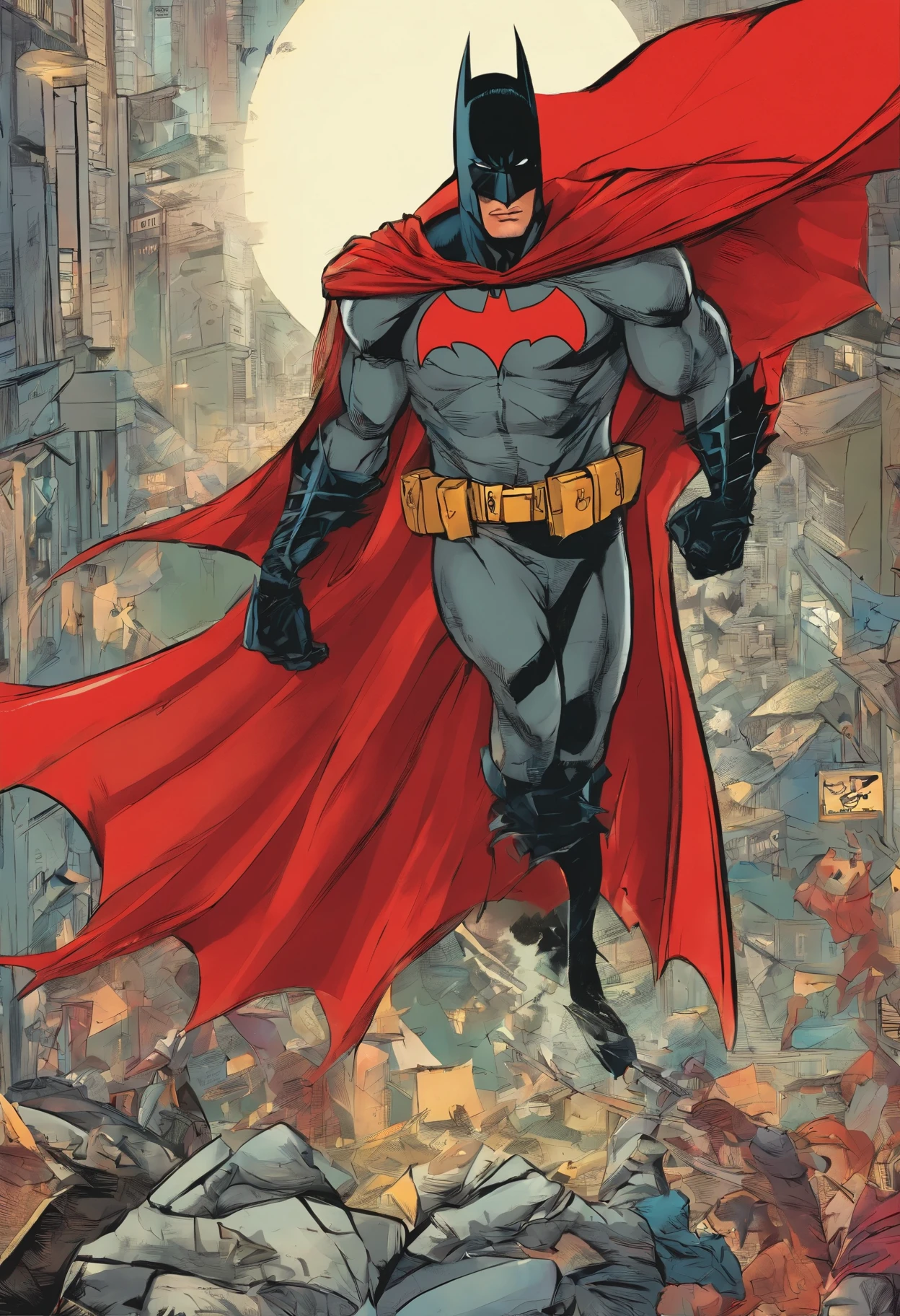 Batman with red cape two axes on his back and a black mask