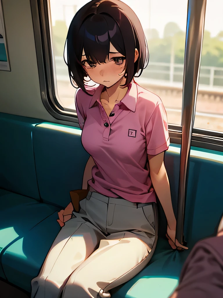 40&#39; No bra, lower body, Japanese, very short, pubic hair, No panties, beautiful breasts, embarrassing, Shyness, worries, on the train,sit,light magenta polo shirt