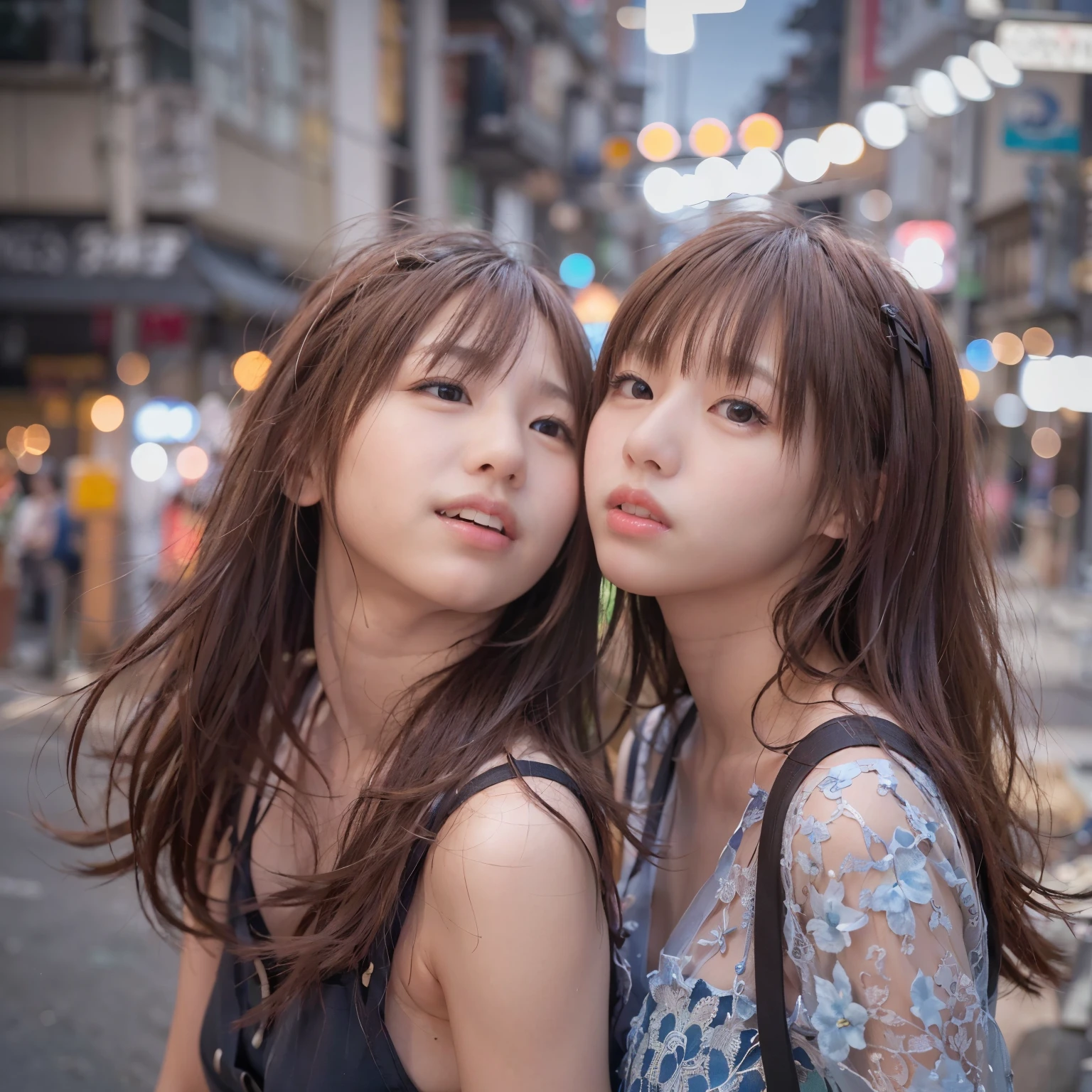 identical twin sisters、Tokyo street、cityscape、Upper body、Close-up、laughter、、(8K、RAW photo、highest quality、masterpiece:1.2)、(realistic、photo realistic:1.37)、Highly detailed eyelash drawing、(((best image quality))),Huge 、fine skin, (beautiful hair), (perfection Anatomy), (realistic), (dynamic angle), seductive pose,perfection,sensual look、highest quality、High resolution、